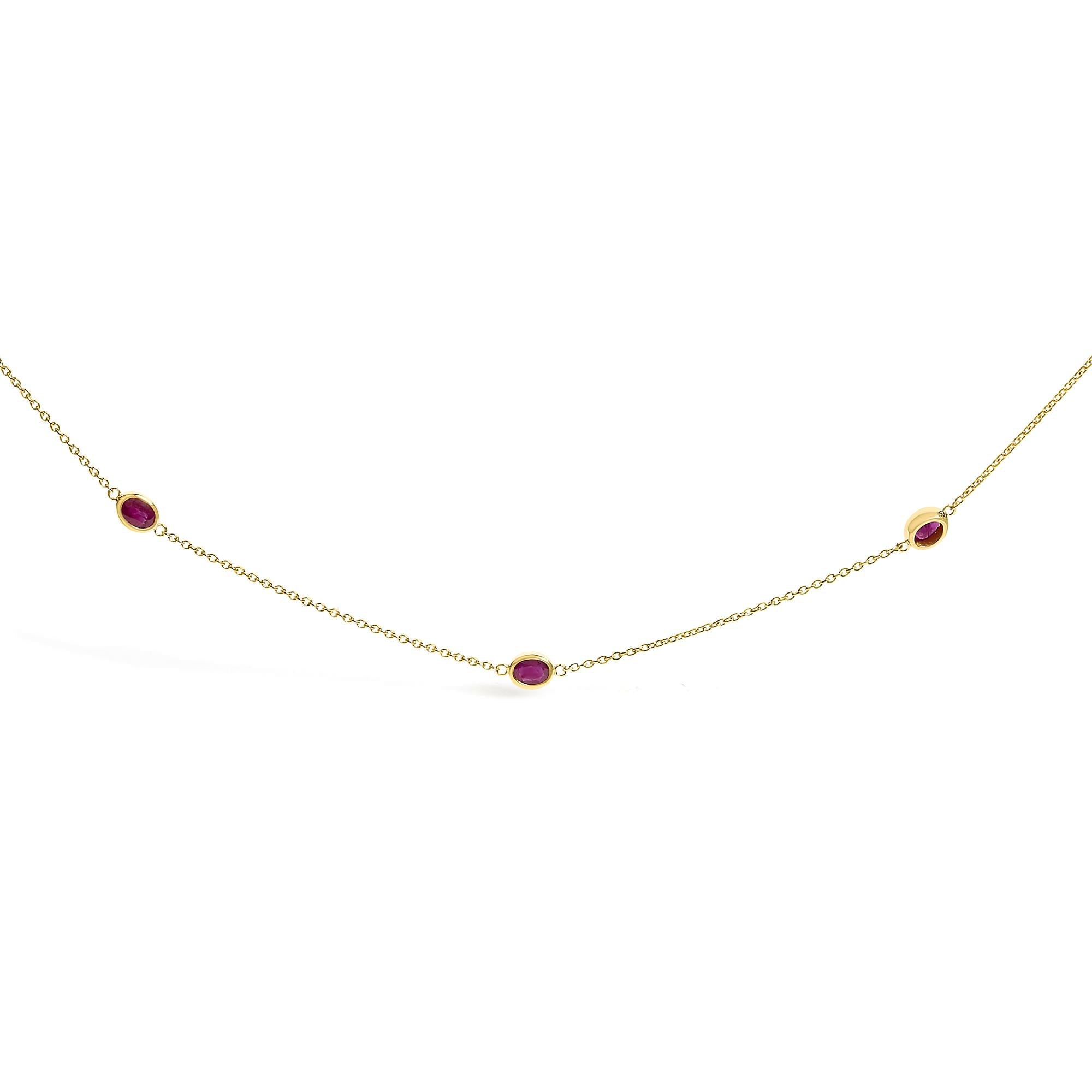 14K Yellow Gold Bezel Set 4x3 mm Oval Red Ruby Station Necklace - 18 Inches-1