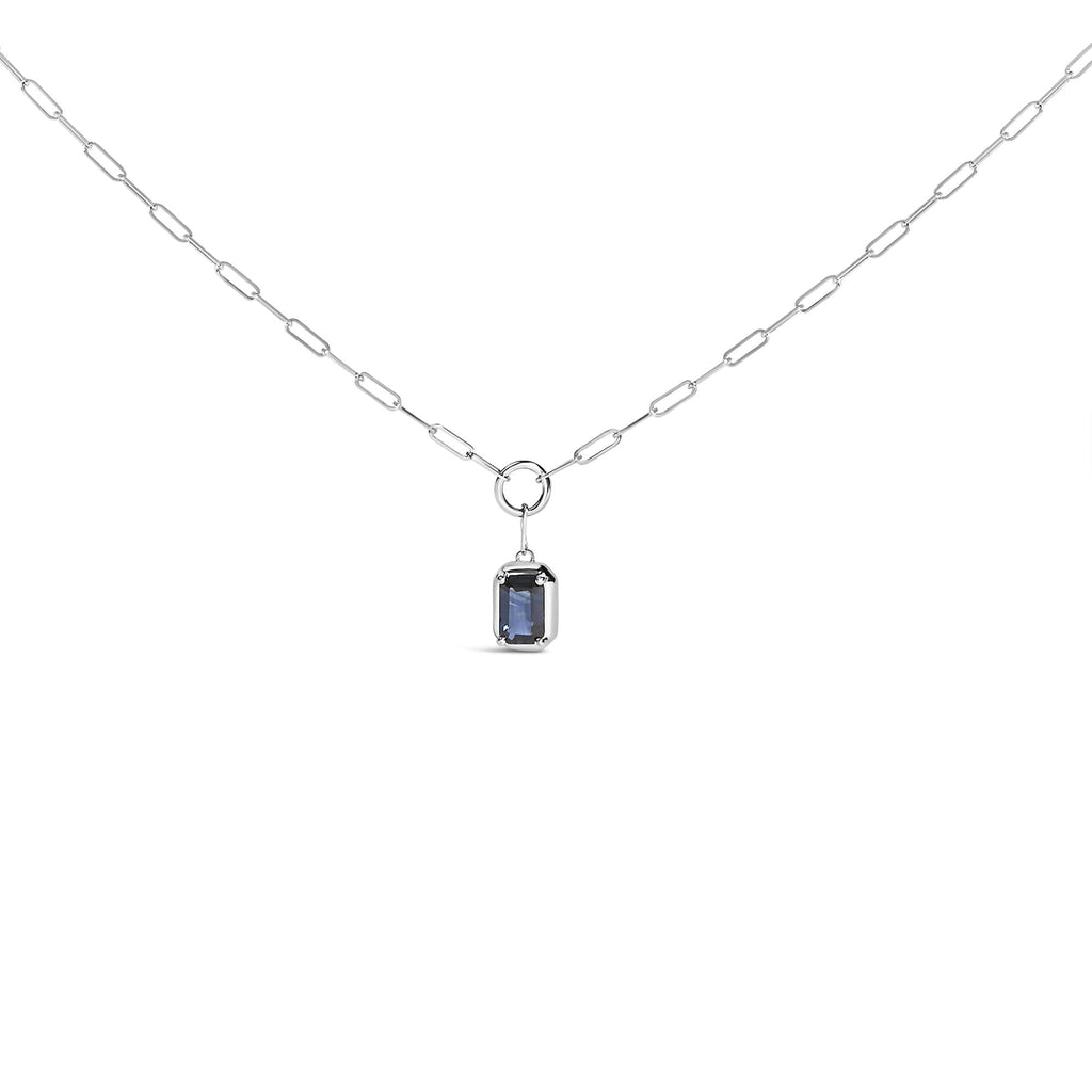 10K White Gold Emerald Cut 6x4 MM Blue Sapphire Solitaire Pendant Necklace - 18 inch-4