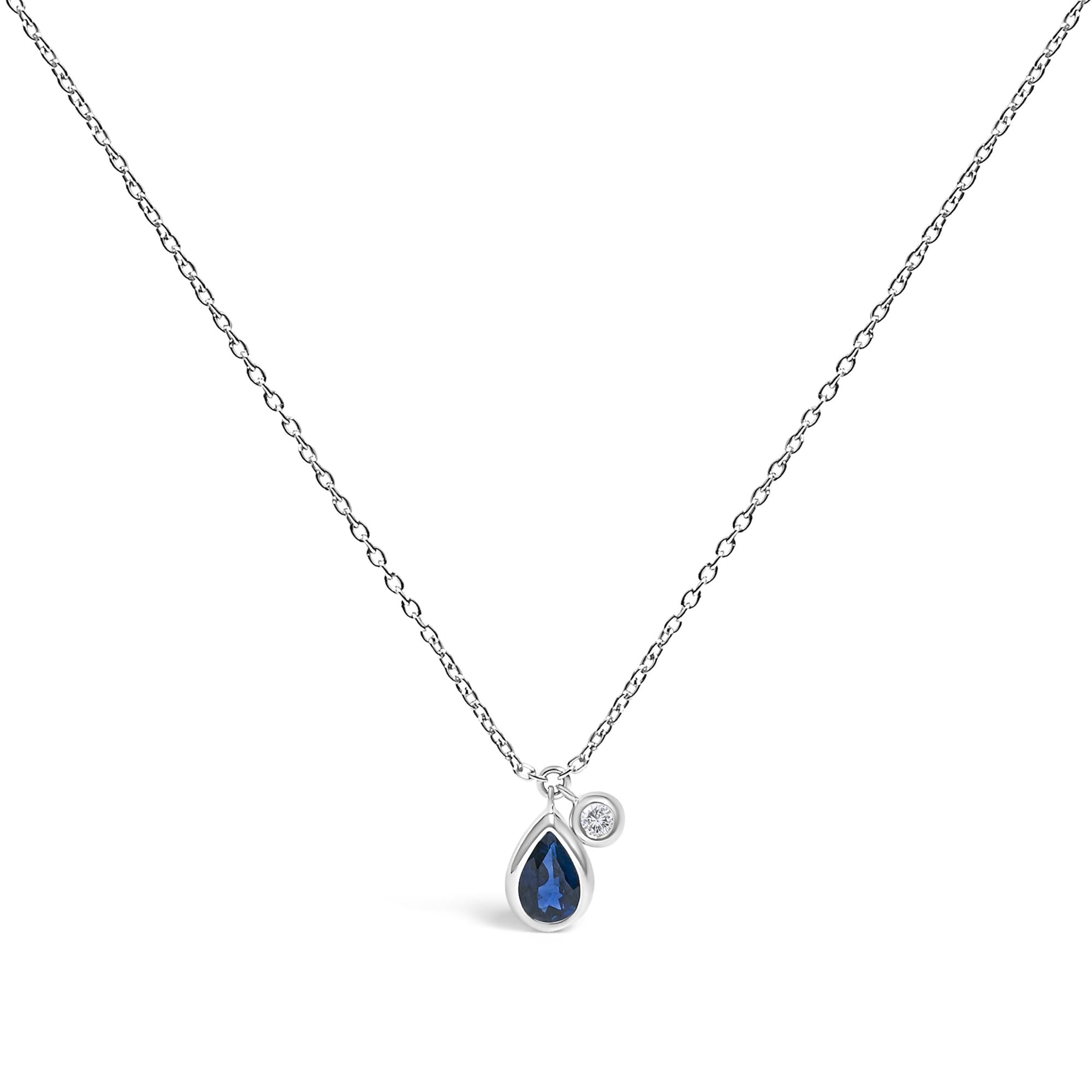 14K White Gold 6x4mm Pear Blue Sapphire and Diamond Accent Charm Pendant Necklace - 18" Inches-0