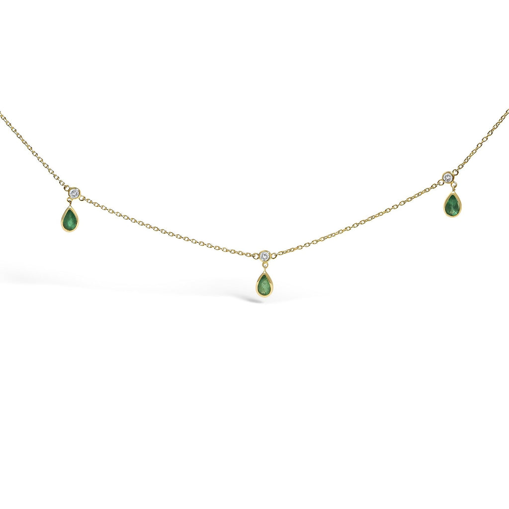10K Yellow Gold Dangling 5x3 mm Green Emerald and Diamond Station Necklace - 18" Inches-0