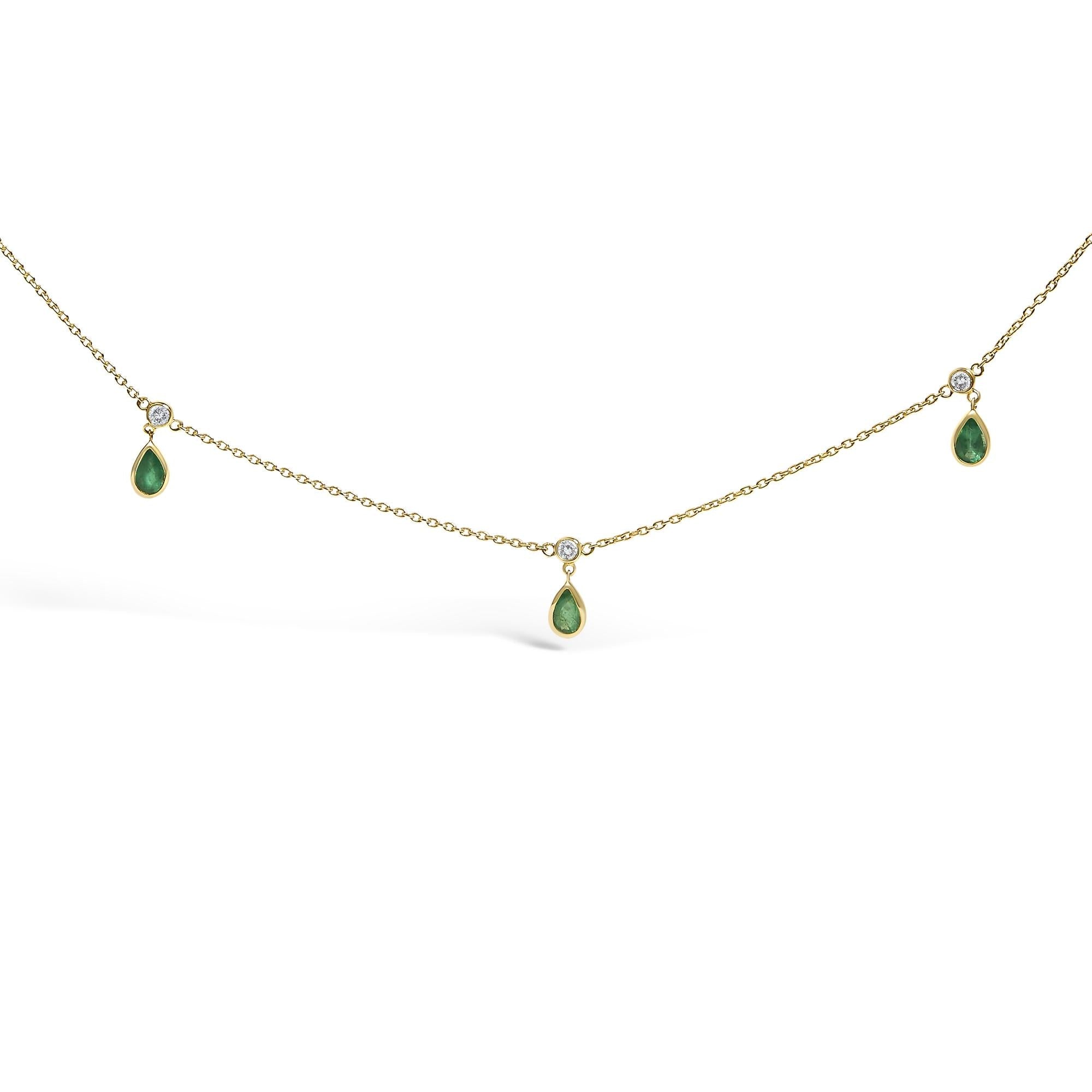10K Yellow Gold Dangling 5x3 mm Green Emerald and Diamond Station Necklace - 18" Inches-0