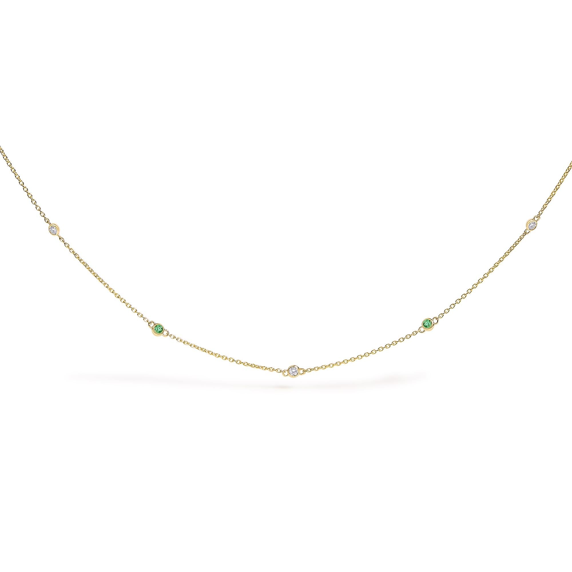 14K Yellow Gold Bezel Set Alternating Green Emerald and Diamond Station Necklace - 18" Inches-0