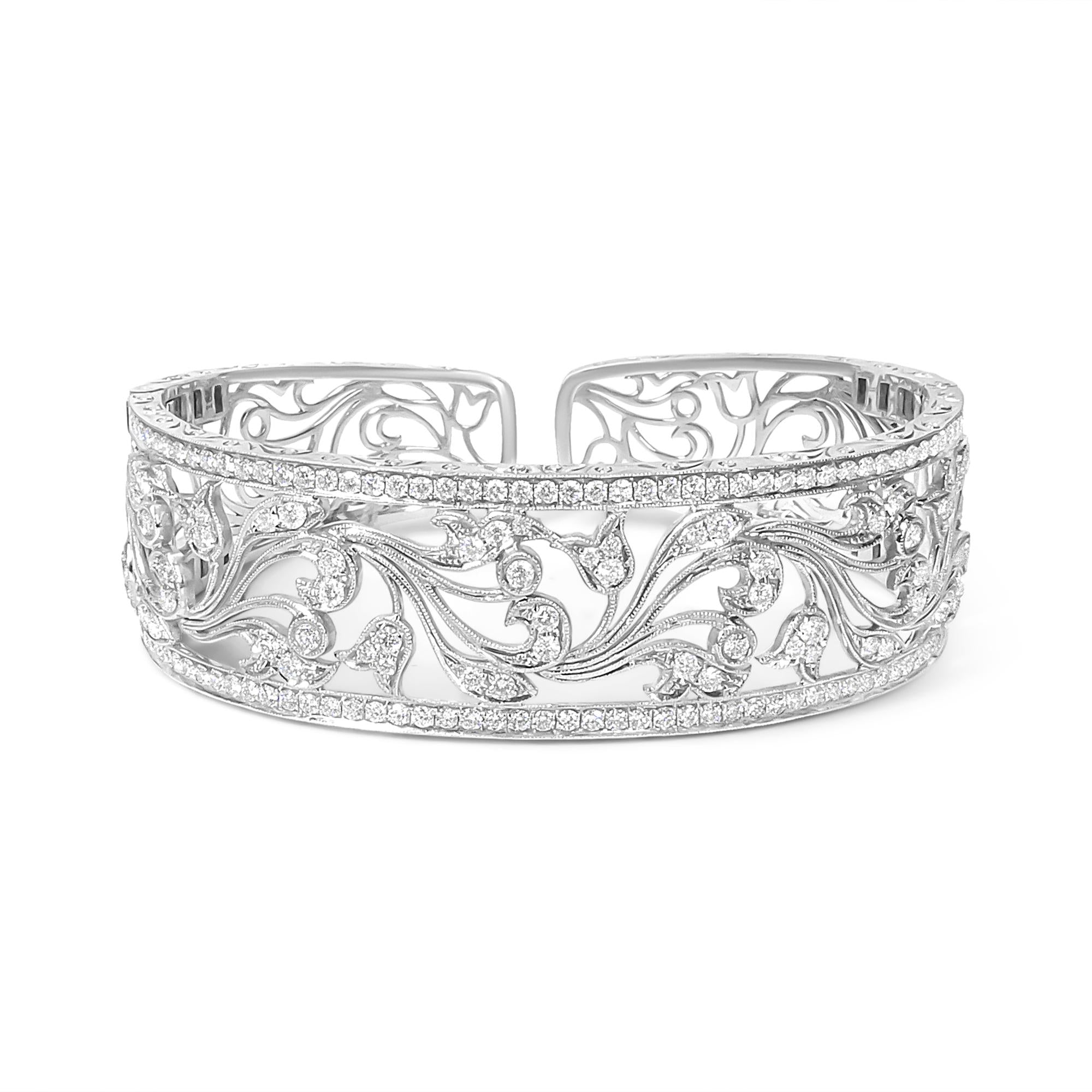 18K White Gold 3 1/4 Cttw Pave Diamond Openwork Floral Filigree Swirl Bangle Cuff Bracelet (H-I Color, VS2-SI1 Clarity)-0