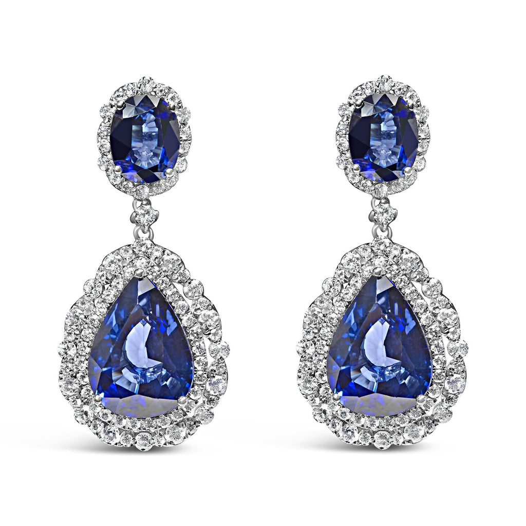 18K White Gold Blue Sapphire 2 3/4 Cttw Diamond Halo Drop Dangle Earring (G-H Color, SI1-SI2 Clarity)-0