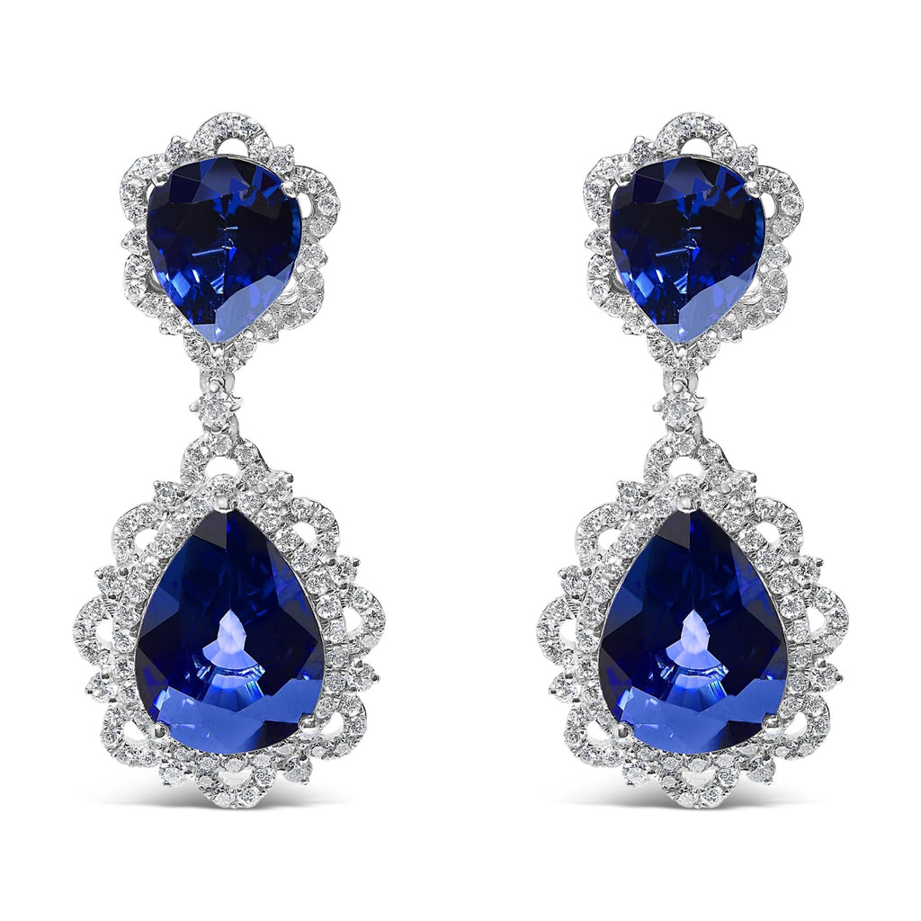 18K White Gold Blue Sapphire and Diamond 2.00 Cttw Diamond Halo Drop and Dangle Earring (G-H Color, SI1-SI2 Clarity)-0