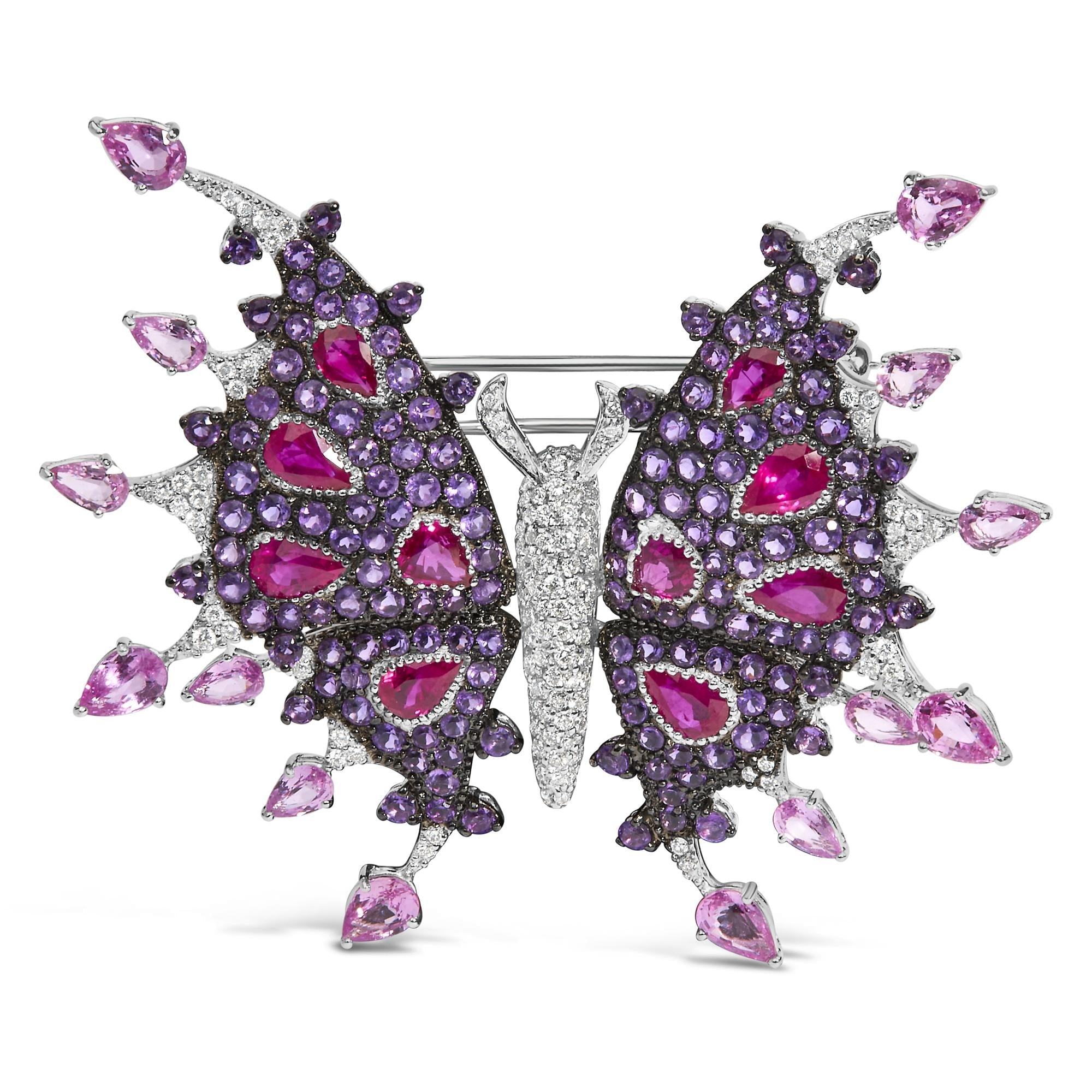18K White Gold 1.00 Cttw Diamond, Ruby  Sapphire, and Amethyst Mixed Gemstone Butterfly Brooch Pin (G-H Color, VS1-VS2 Clarity)-0