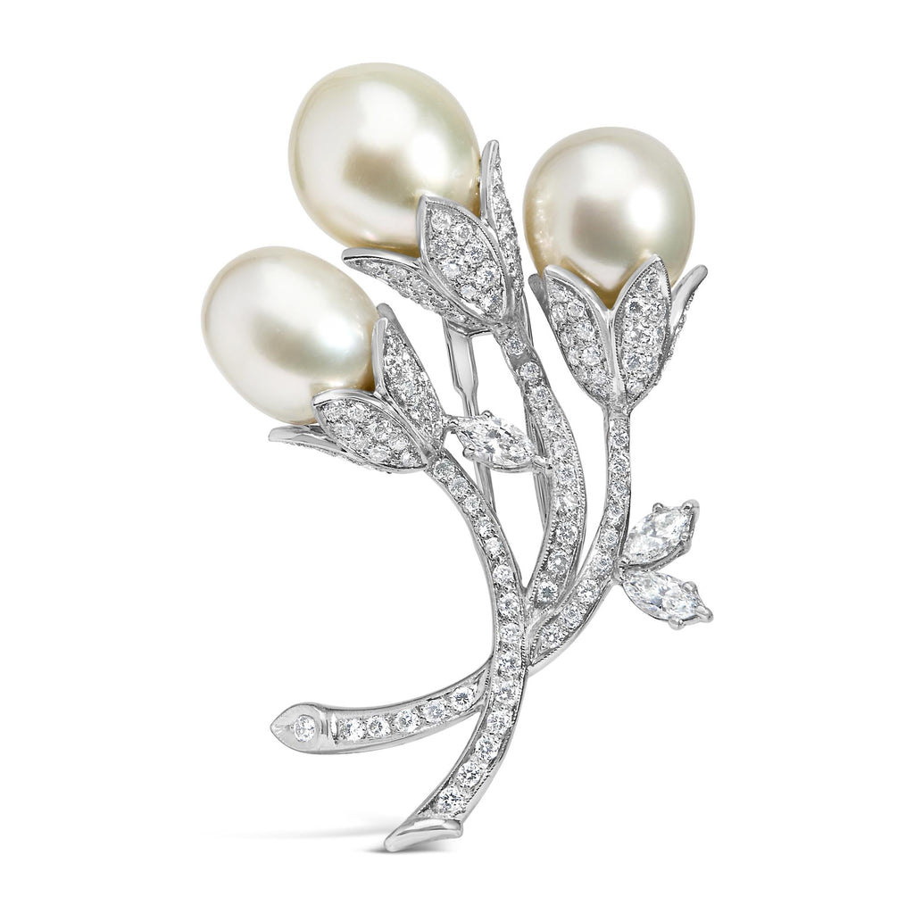18K White Gold 2 1/5 Cttw Diamond and South Sea Pearl Floral Brooch Pin (G-H Color, VS1-VS2 Clarity)-0
