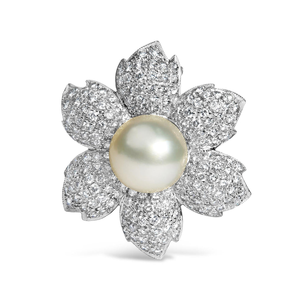 18K White Gold 2 3/4 Cttw Diamond and 12.5 MM Cultured Freshwater Pearl Floral Brooch Pin (G-H Color, VS1-VS2 Clarity)-0
