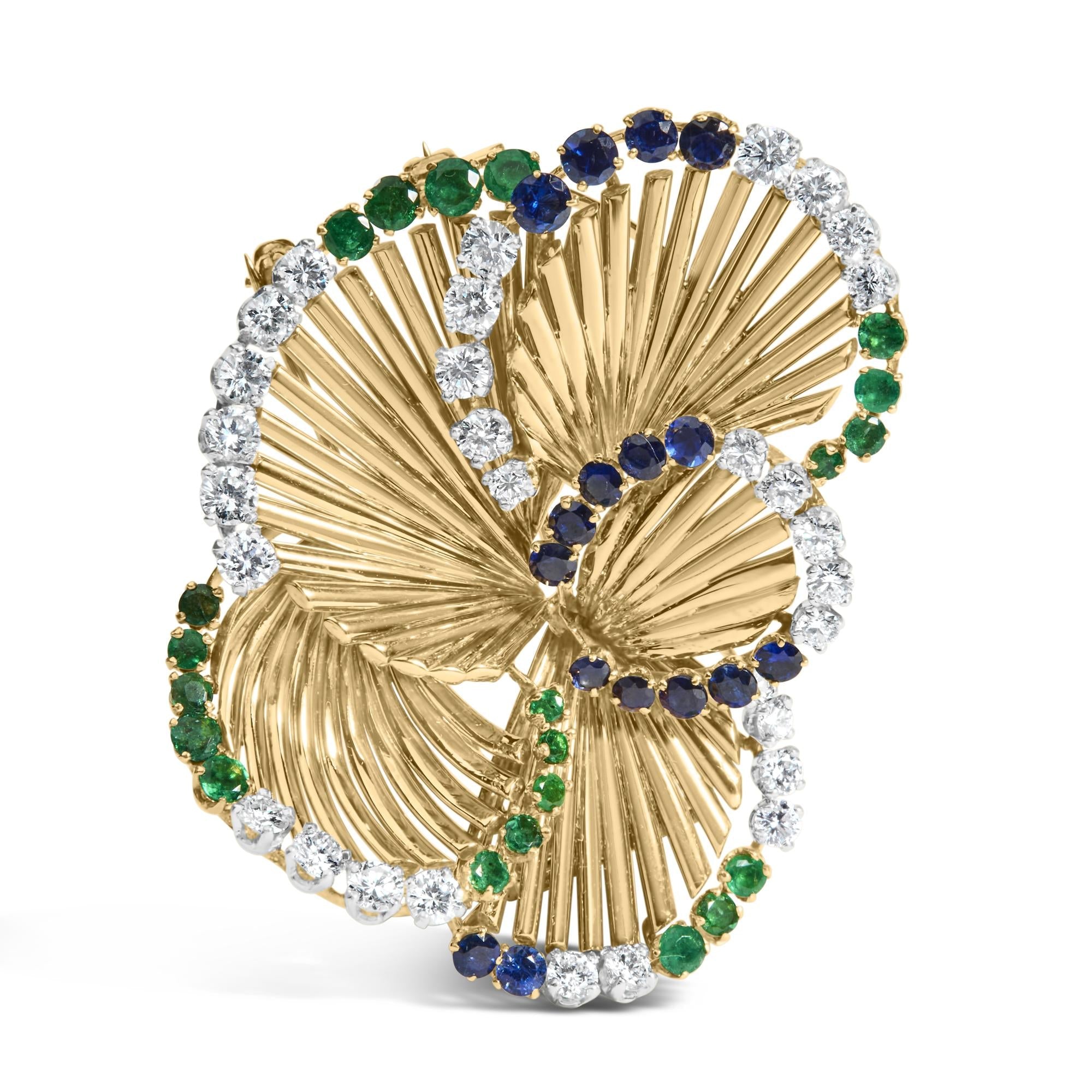 18K Yellow Gold 2 1/3 Cttw Diamond, Sapphire, and Emerald Sculpted Petal Brooch Pin (G-H Color, VS1-VS2 Clarity)-0