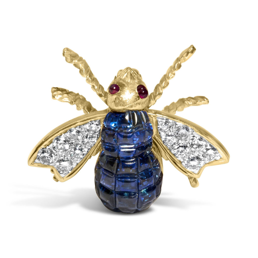 18K Yellow Gold 3/8 Cttw Diamond and 5 4/5 Cttw Blue Sapphire Bumblebee Brooch Pin (F-G Color, VS2-SI1 Clarity)-0