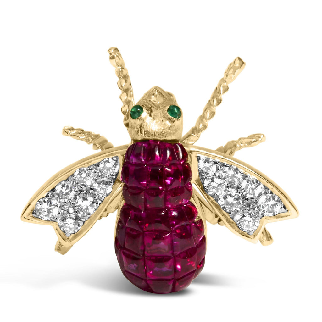 18K Yellow Gold 3/8 Cttw Diamond and 6 3/4 Cttw Red Ruby Bumblebee Brooch Pin (F-G Color, VS2-SI1 Clarity)-0