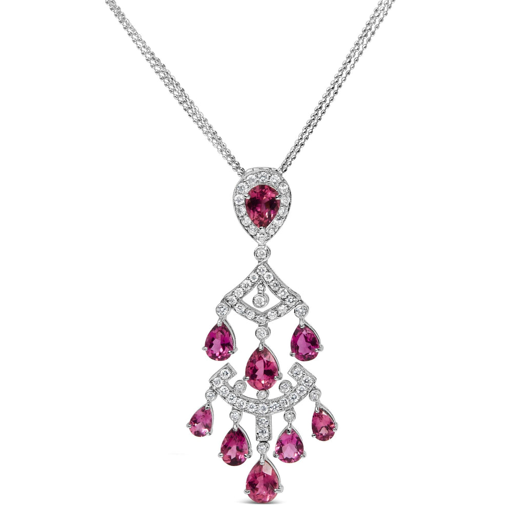 18K White Gold 1 1/10 Cttw Diamond and Pink Tourmaline Double-Strand Art Deco Inspired Chandelier 18" Pendant Necklace (F-G Color, VVS2-VS1 Clarity)-0