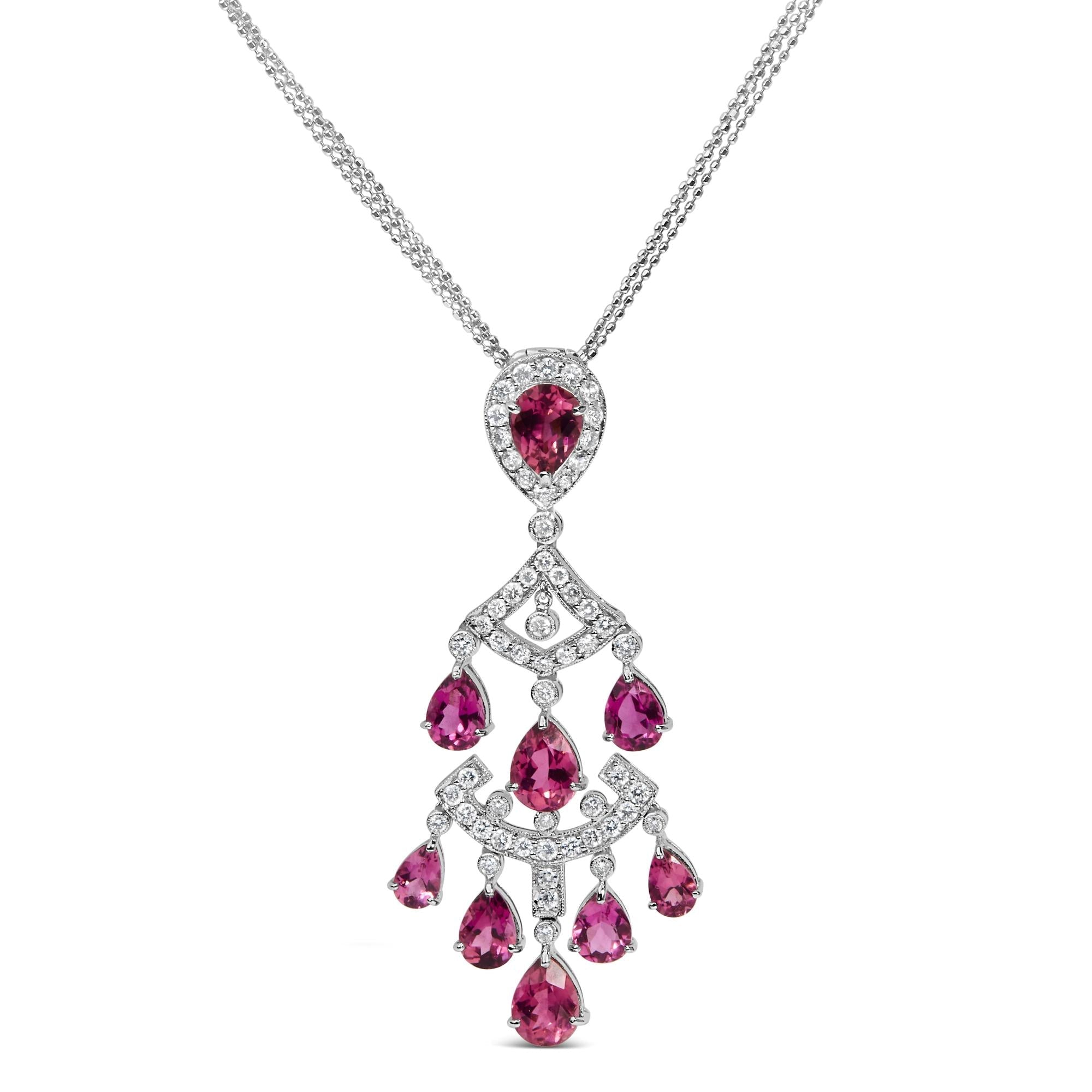 18K White Gold 1 1/10 Cttw Diamond and Pink Tourmaline Double-Strand Art Deco Inspired Chandelier 18" Pendant Necklace (F-G Color, VVS2-VS1 Clarity)-0
