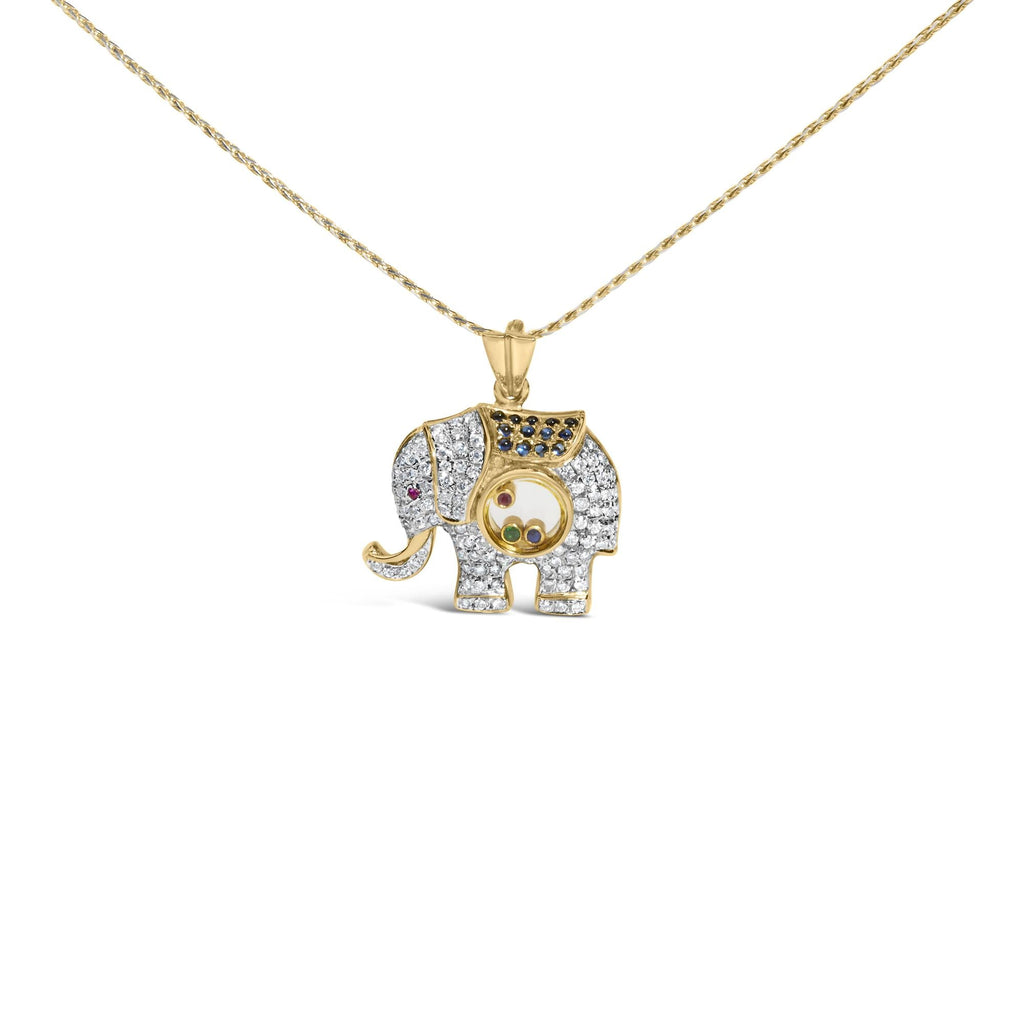 18K Yellow Gold 3/4 Cttw Diamond Elephant Shaker Pendant Necklace with Emerald, Ruby, and Sapphire (G-H Color, VS2-SI1 Clarity)-0