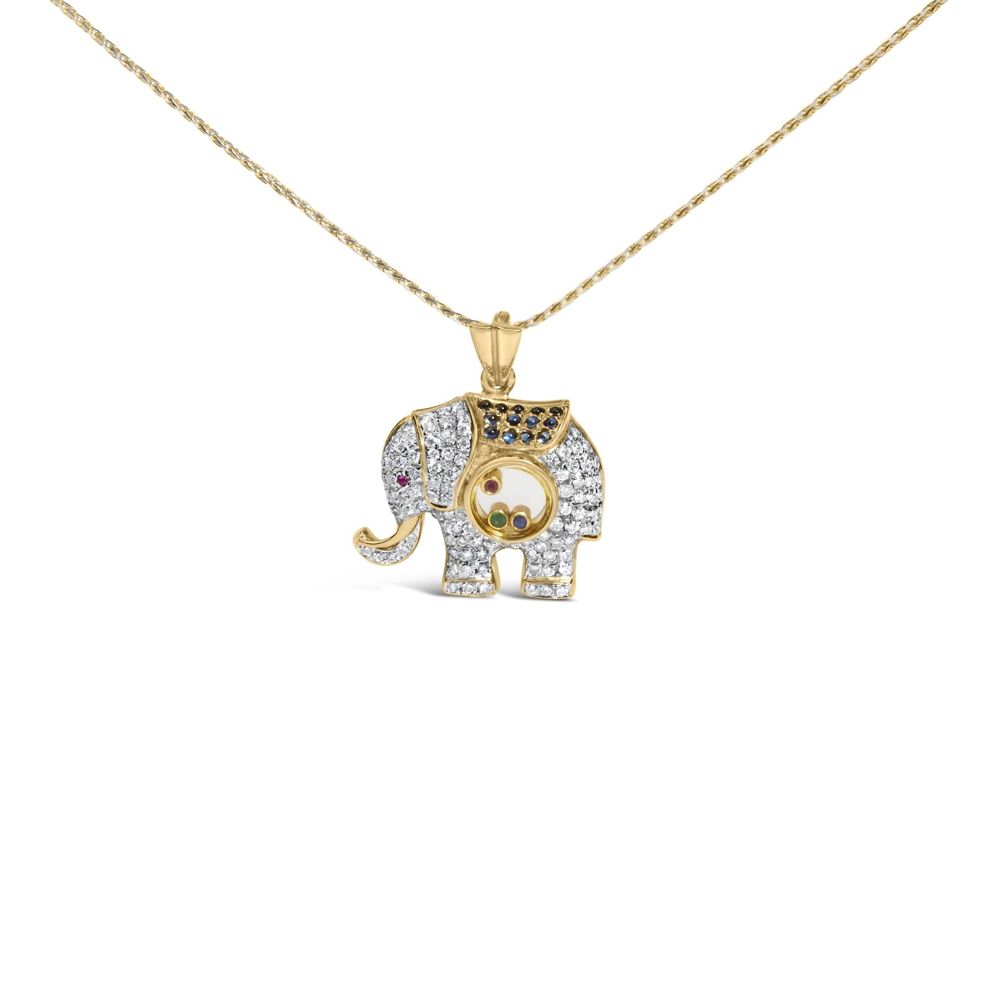 18K Yellow Gold 3/4 Cttw Diamond Elephant Shaker Pendant Necklace with Emerald, Ruby, and Sapphire (G-H Color, VS2-SI1 Clarity)-0