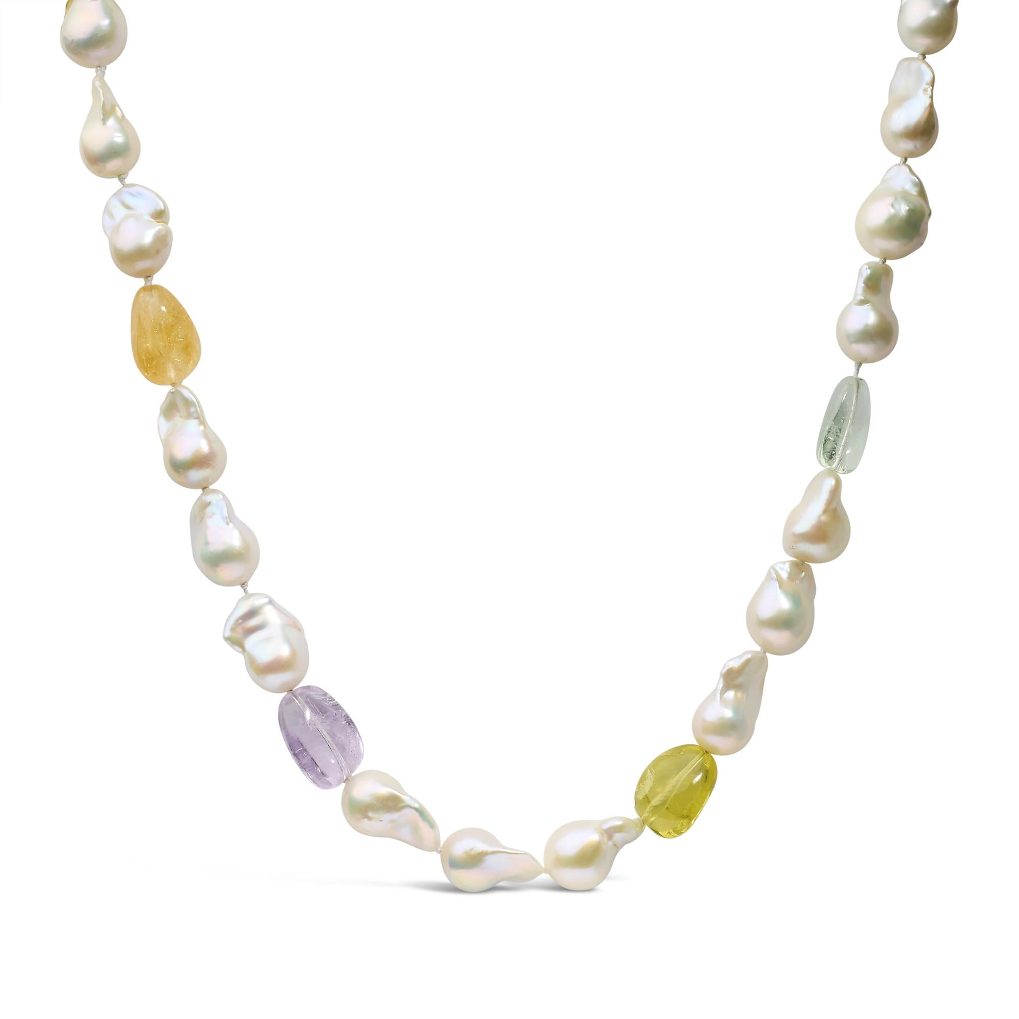 14K Yellow Gold Citrine, Amethyst, and Baroque Pearl Strand Necklace - 18" Inches-0