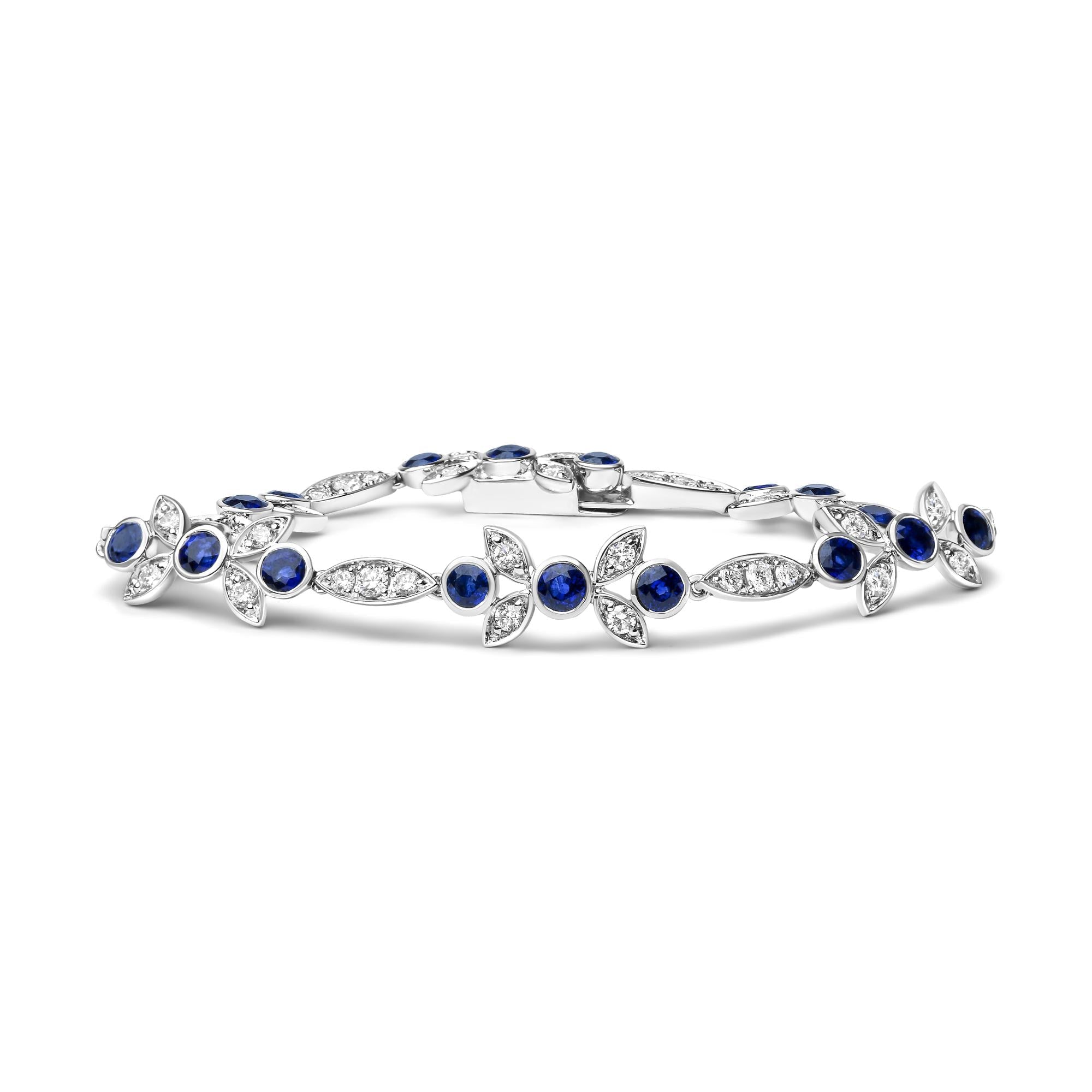 18K White Gold 1 3/4 Cttw Diamond and 3x3mm Round Blue Sapphire Gemstone Floral Link Bracelet (G-H Color, SI1-SI2 Clarity) - Size 7"-0