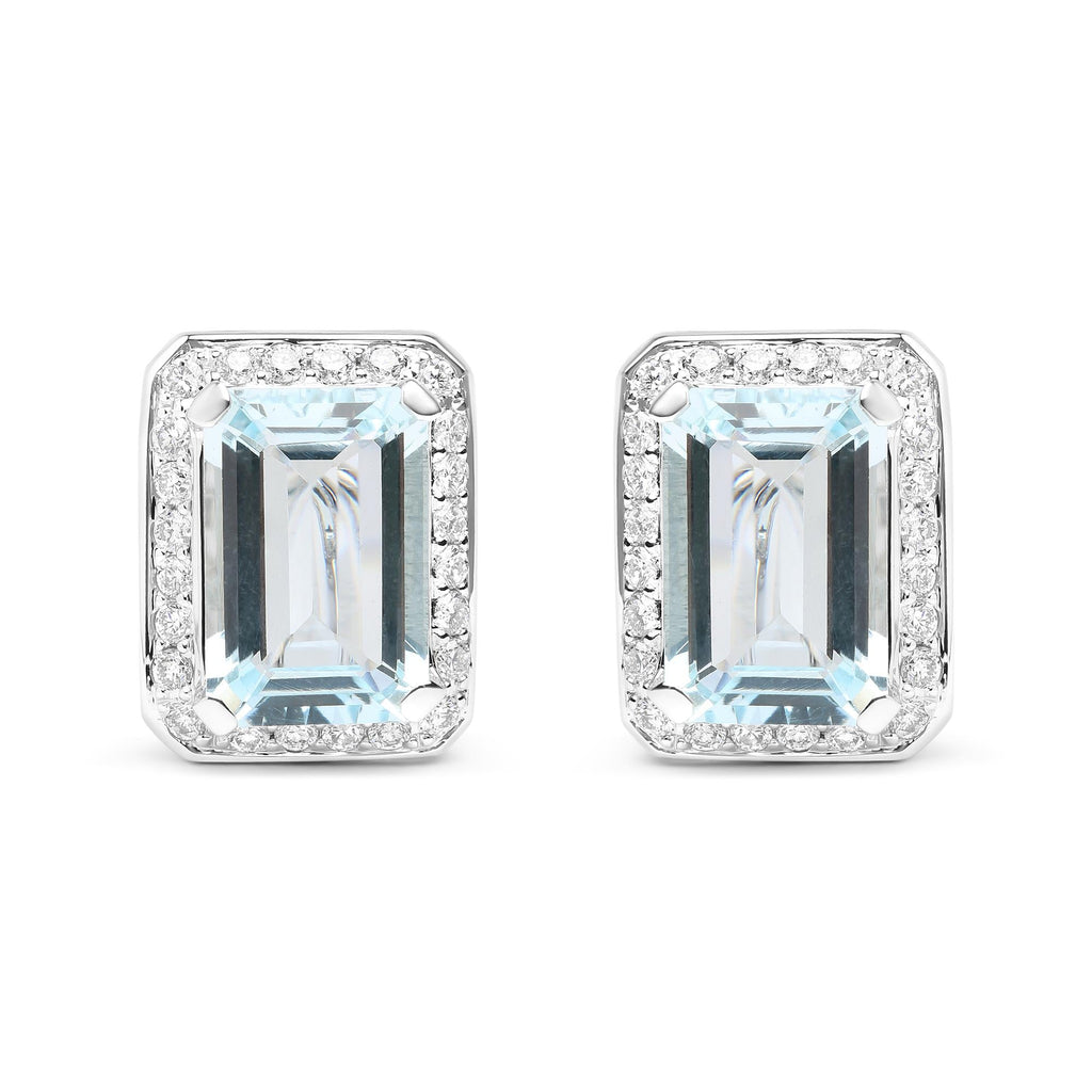 18K White Gold 3/4 Cttw Round Diamond and 13x9mm Emerald Cut Blue Aquamarine Gemstone Halo Omega Stud Earrings (G-H Color, SI1-SI2 Clarity)-0