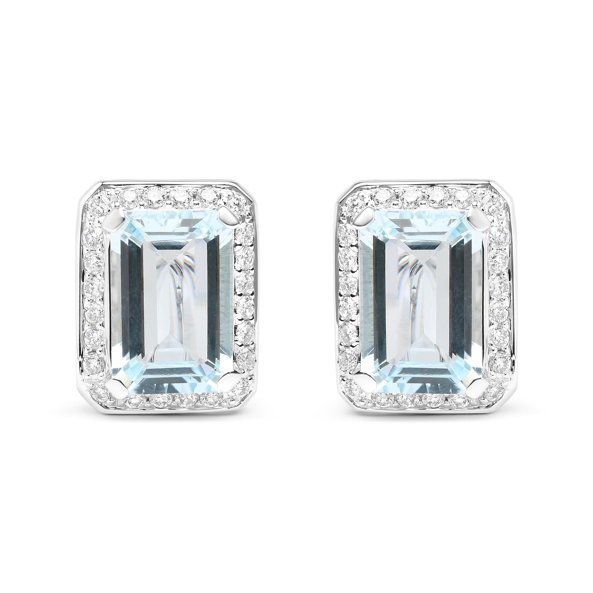 18K White Gold 3/4 Cttw Round Diamond and 13x9mm Emerald Cut Blue Aquamarine Gemstone Halo Omega Stud Earrings (G-H Color, SI1-SI2 Clarity)-0