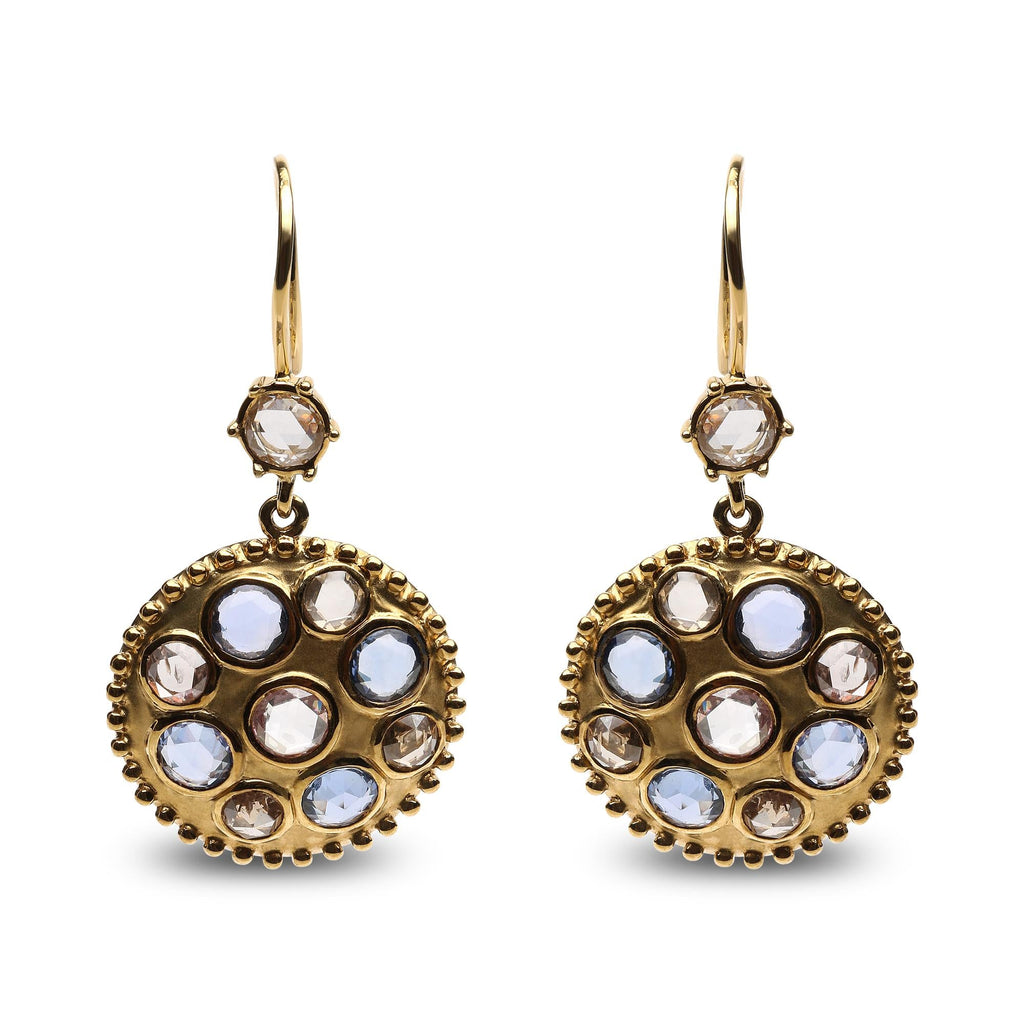 18K Yellow Gold 1 2/3 Cttw Diamond and Blue Sapphire Bezel Set Gemstone Cluster Medallion Dangle Earrings (Brown and G-H Color, SI1-SI2 Clarity)-0