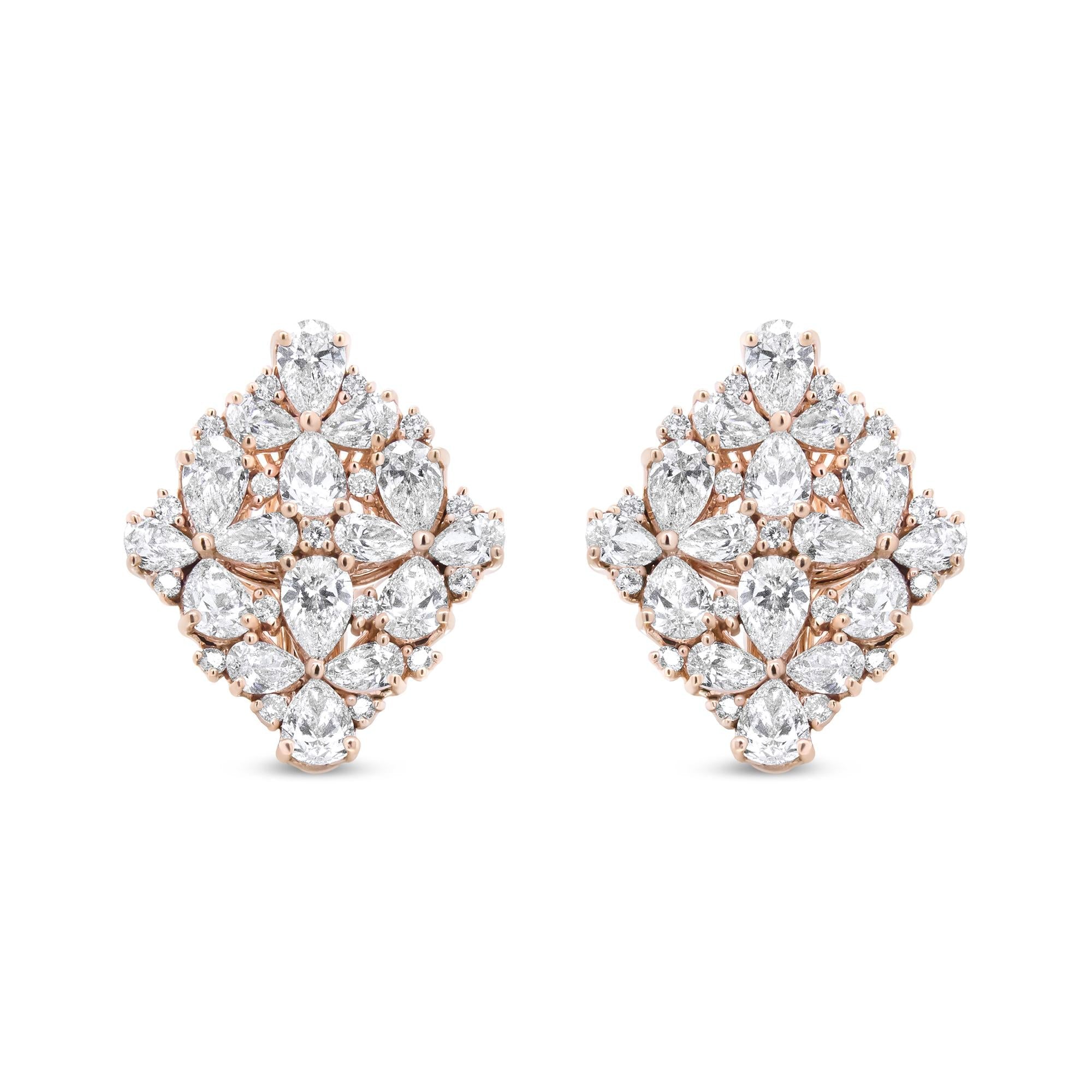 18K Rose Gold 8 1/3 Cttw Pear and Round Diamond Floral Cluster Omega Earrings (F-G Color, VS1-VS2 Clarity)-0