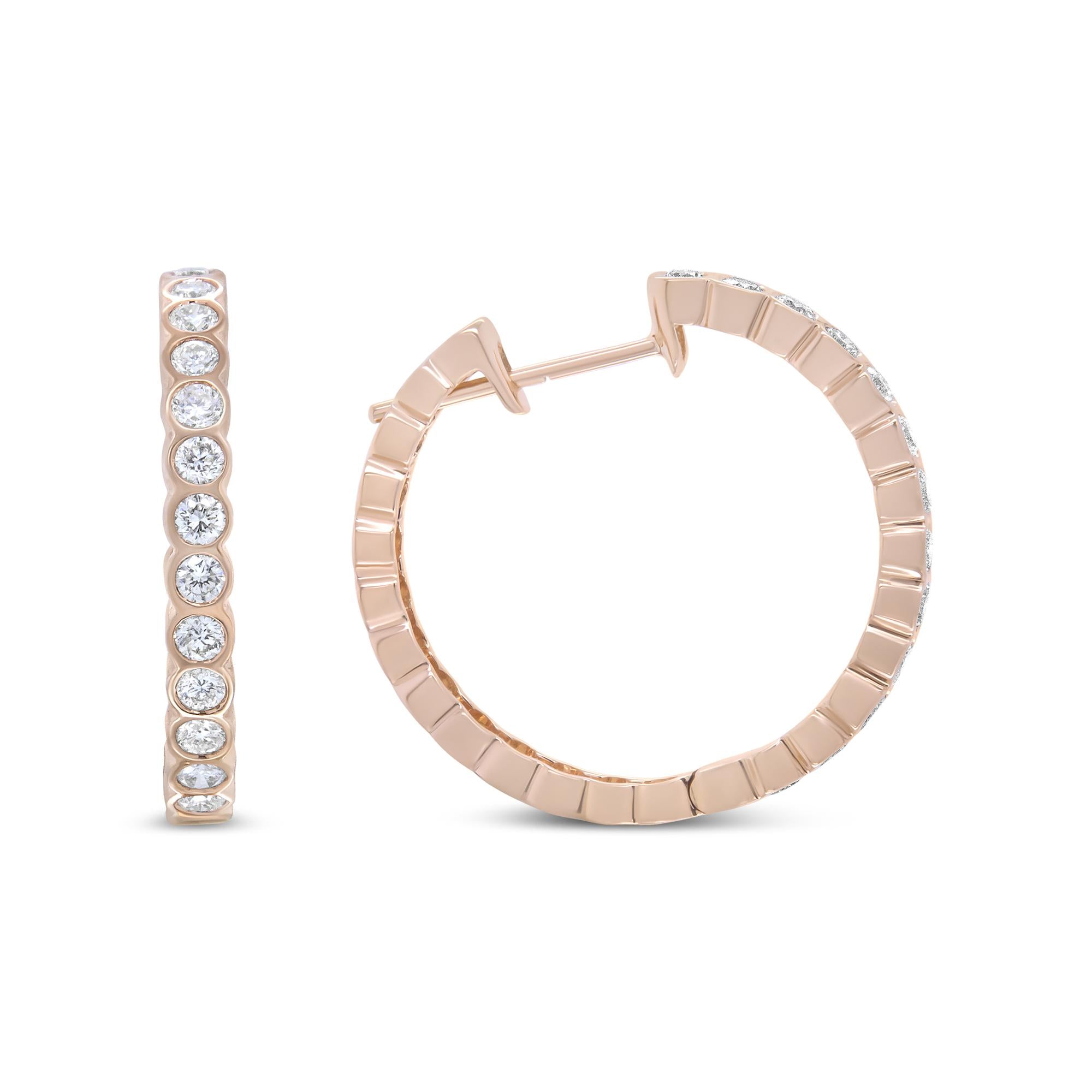 18K Rose Gold 1 Cttw Round Bezel-Set Diamond Hoop Earrings (F-G Color, VS1-VS2 Clarity)-0