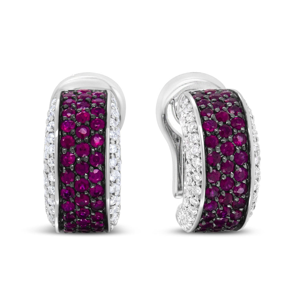18K White Gold and Black Rhodium Plated 3/4 Cttw Round Diamonds and 1mm Round Red Ruby Huggie Hoop Earrings (F-G Color, VS1-VS2 Clarity)-0