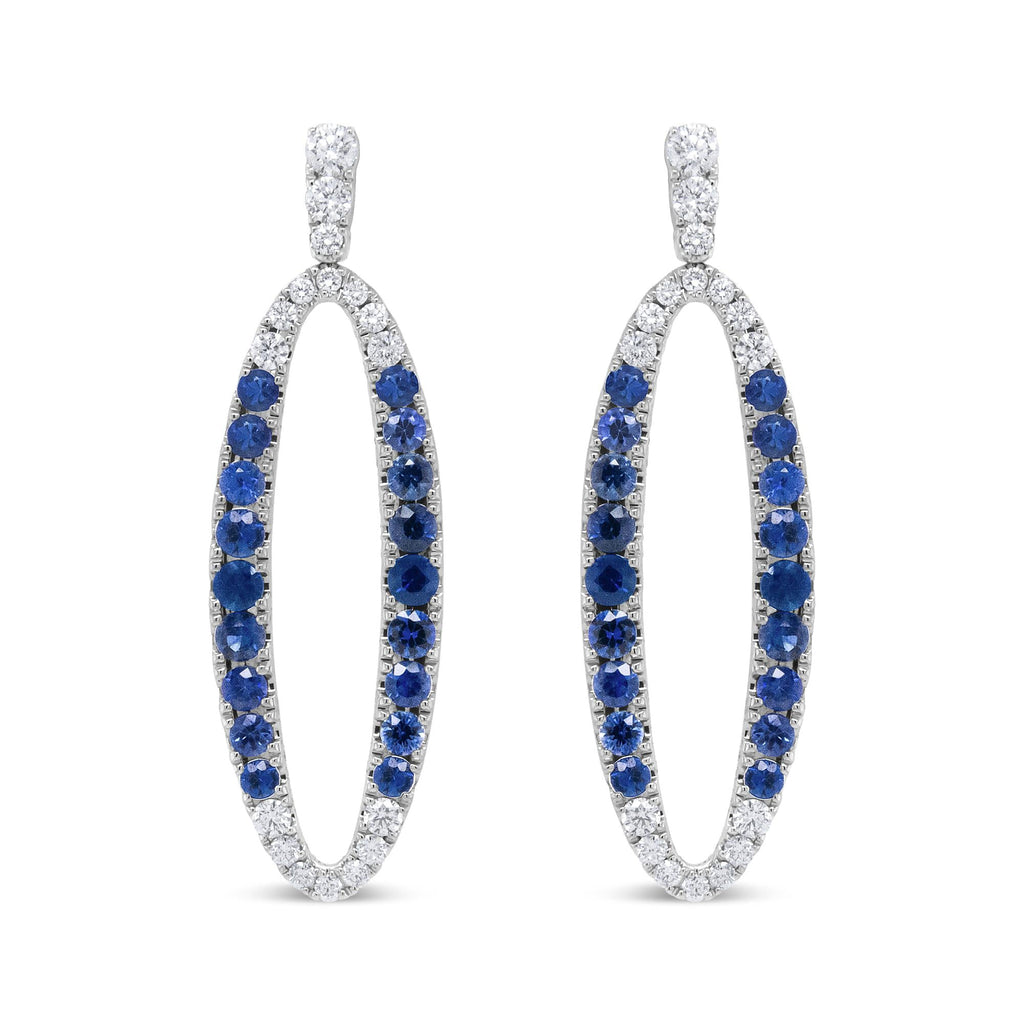 18K White Gold 1.11 Cttw Blue Round Diamond and Blue Sapphire Openwork Oval Shaped Dangle Earrings (F-G Color, VS1-VS2 Clarity)-0