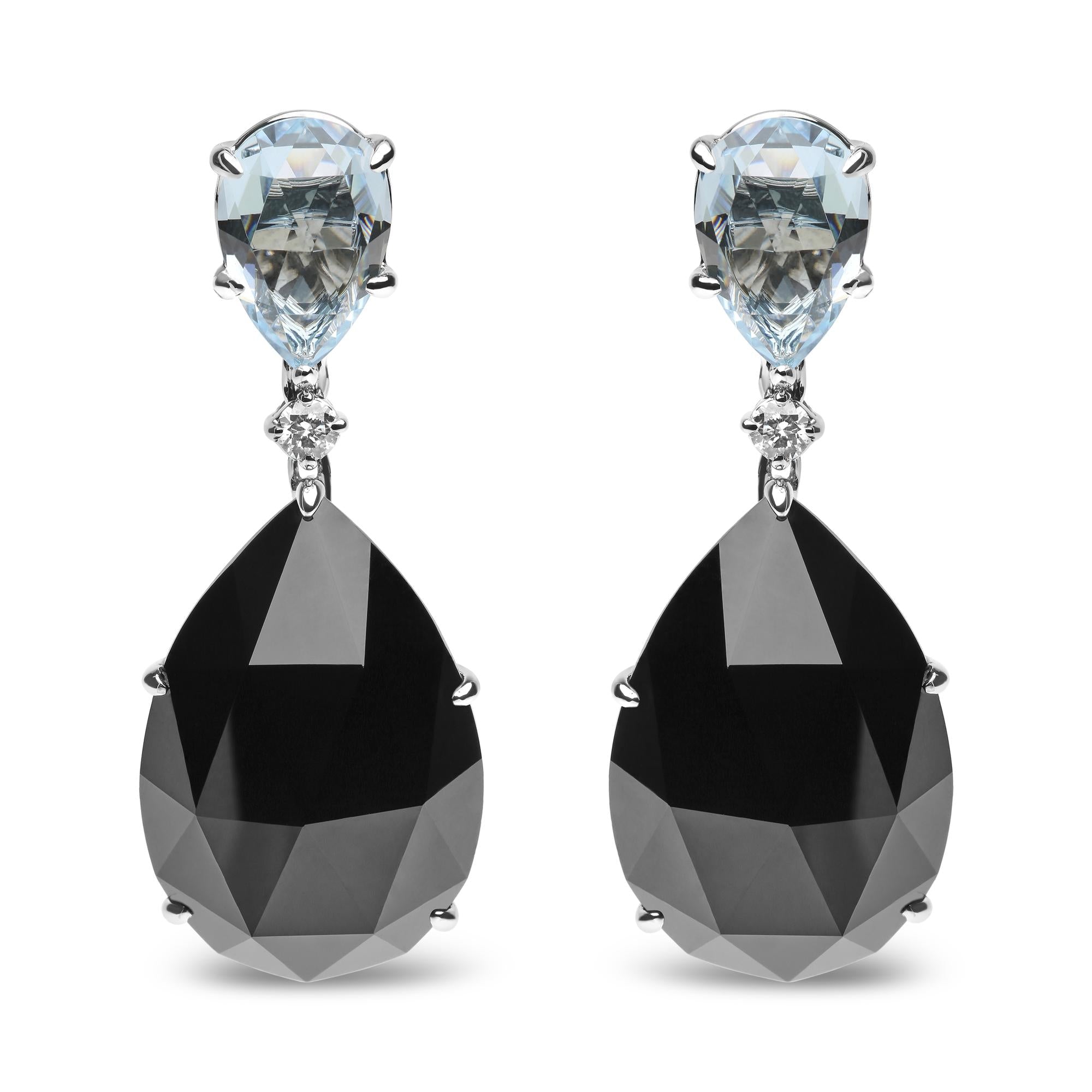 18K White Gold 1/5 Cttw Diamond with Pear Cut Sky Blue Topaz and Pear-Cut Black Onyx Gemstone Dangle Earring (G-H Color, SI1-SI2 Clarity)-0