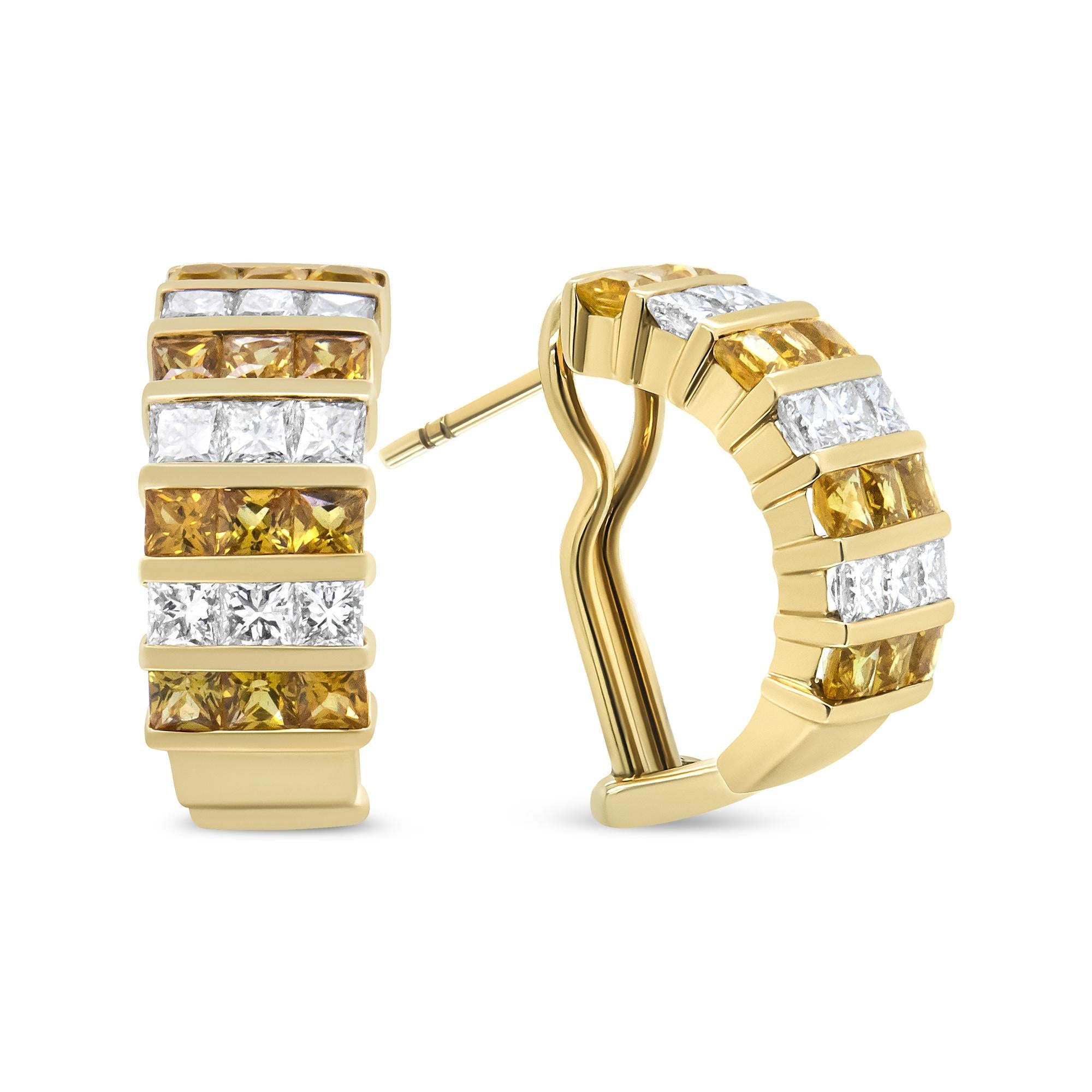 18K Yellow Gold 1 3/4 Cttw Invisible Set Princess Cut Diamond and 2.5mm Yellow Sapphire Huggie Hoop Earrings (F-G Color, VS1-VS2 Clarity)-0