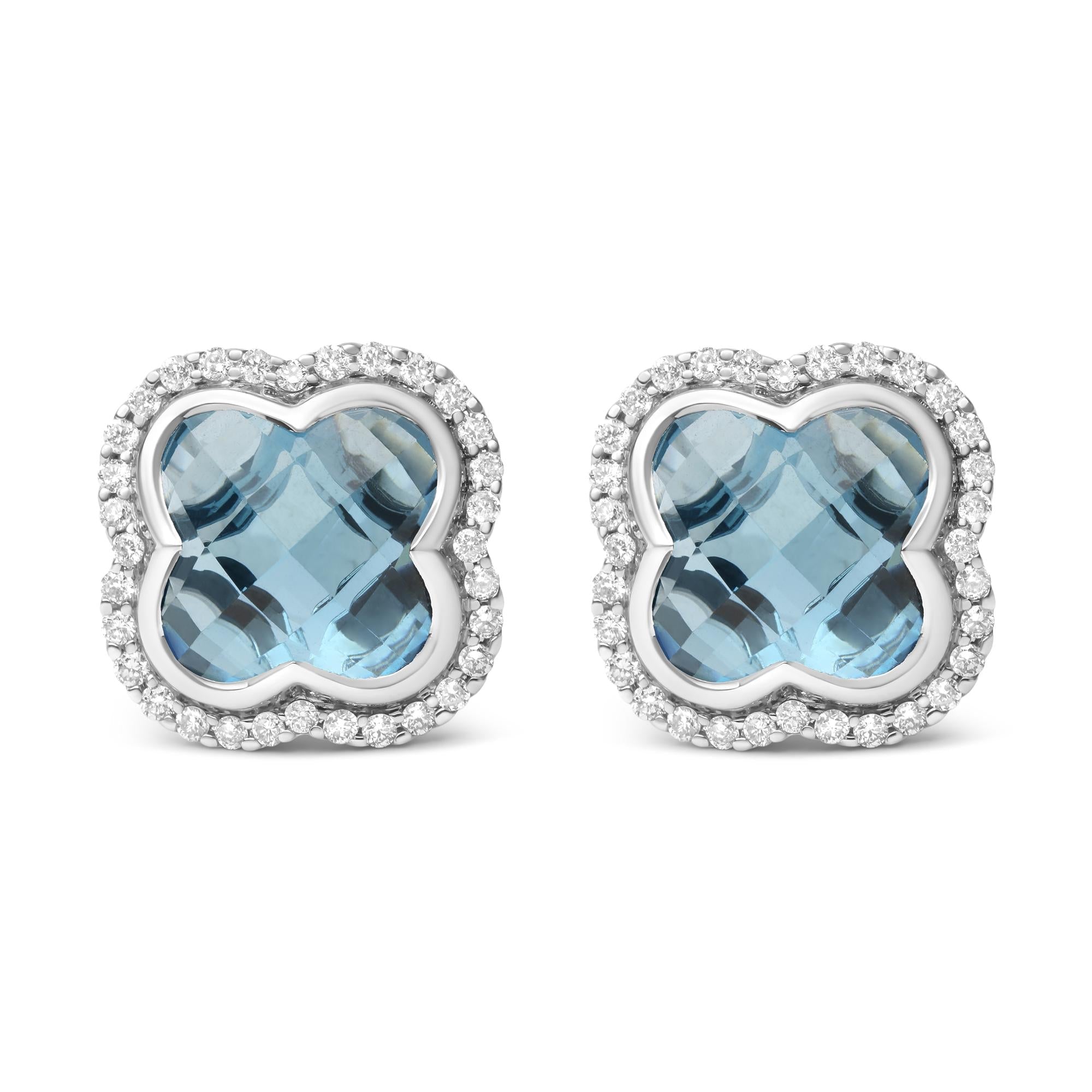 18K White Gold 3/8 Cttw Diamond and 11x11mm Clover-Cut London Blue Topaz Gemstone Halo Clover Stud Earrings (G-H Color, SI1-SI2 Clarity)-0