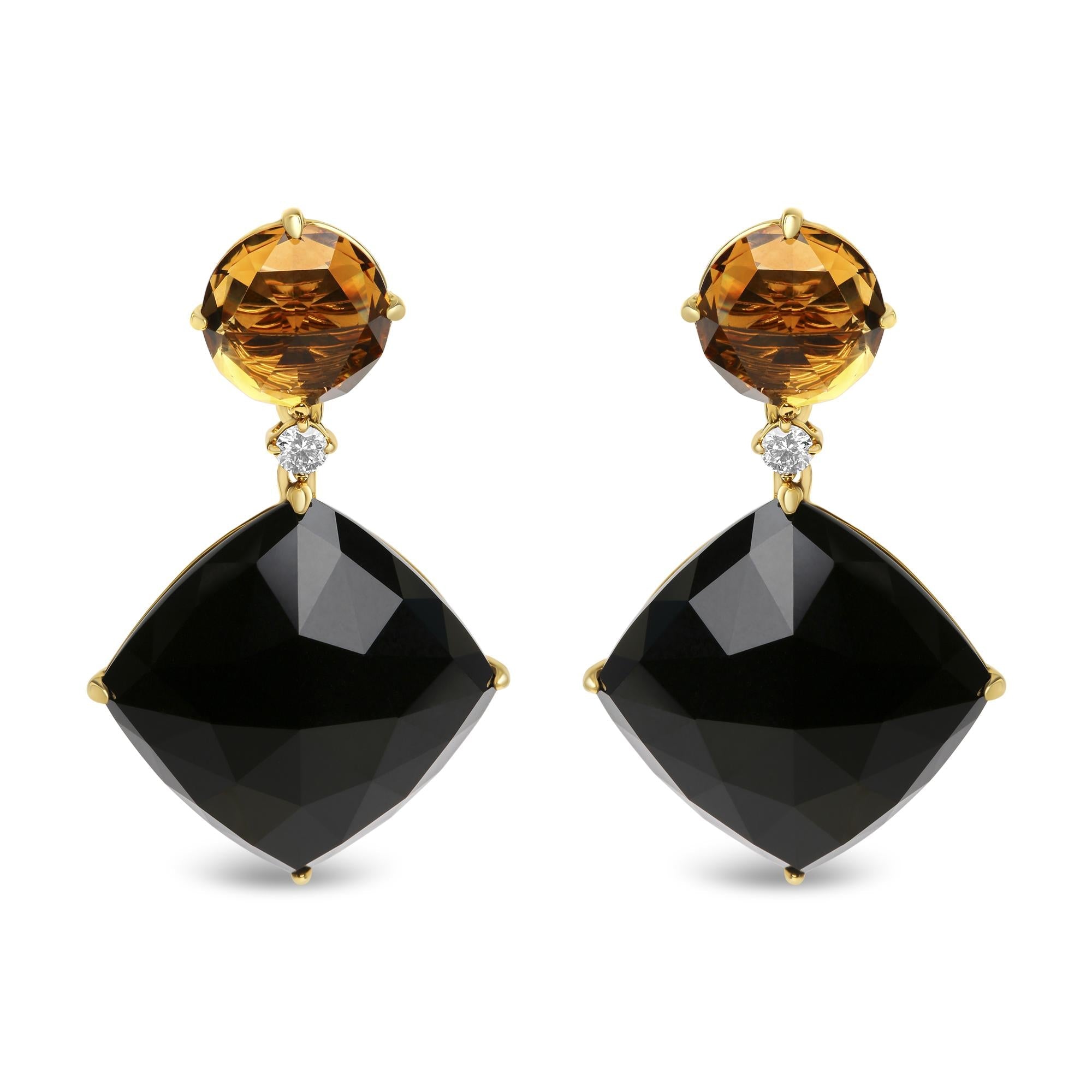18K Yellow Gold 1/5 Cttw Diamond with Round Yellow Citrine and Cushion Cut Black Onyx Gemstone Dangle Earring (G-H Color, SI1-SI2 Clarity)-0