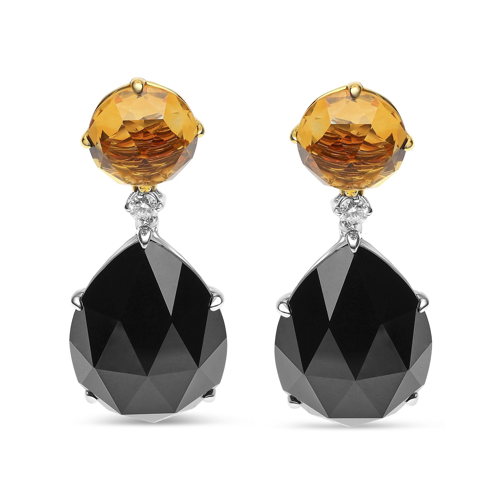 18K White and Yellow Gold 1/5 Cttw Diamond with Round Yellow Citrine and 20x15mm Pear Cut Black Onyx Gemstone Dangle Earring (G-H Color, SI1-SI2 Clarity)-0