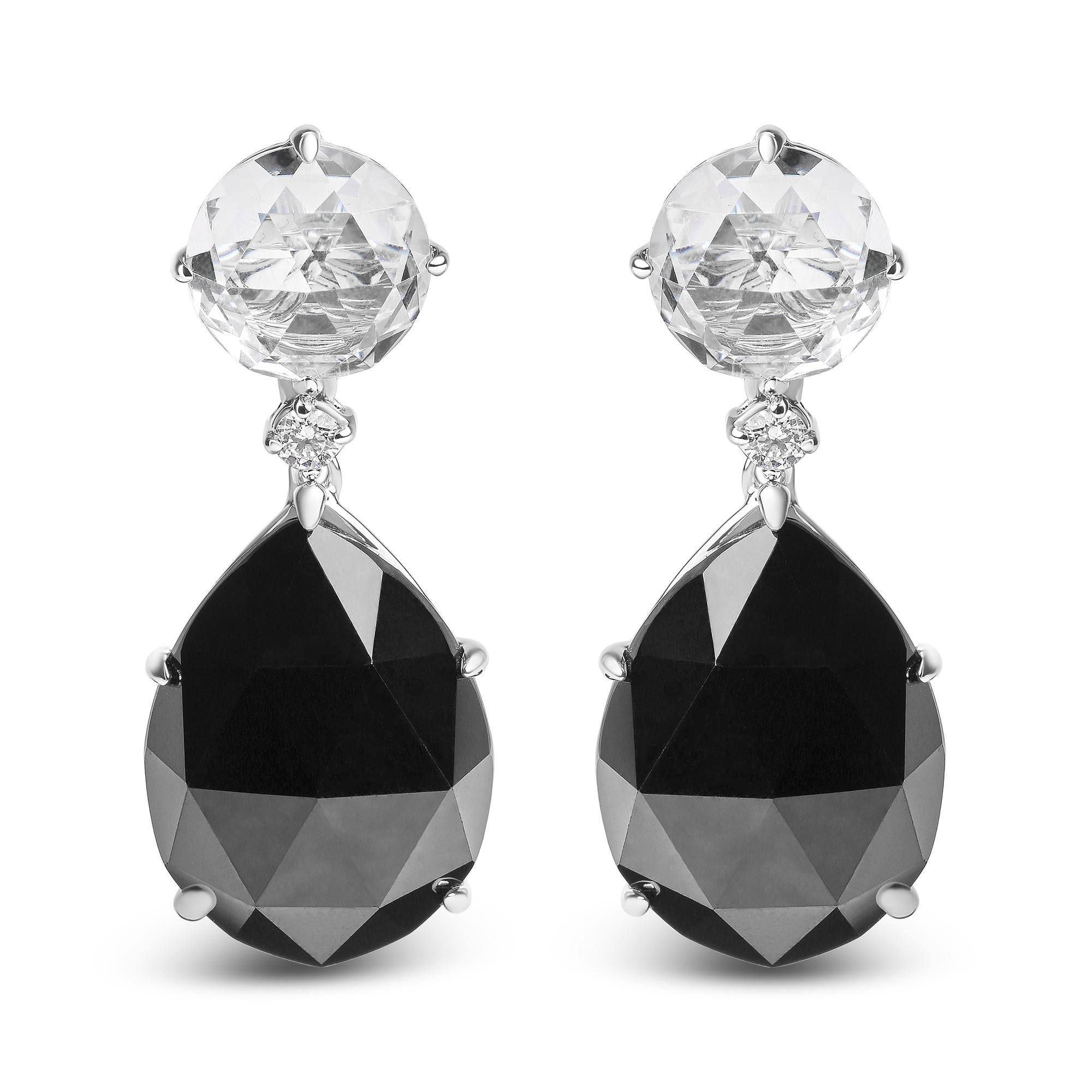 18K White Gold 1/5 Cttw Diamond with Round White Topaz and 20x15mm Pear Cut Black Onyx Gemstone Dangle Earring (G-H Color, SI1-SI2 Clarity)-0