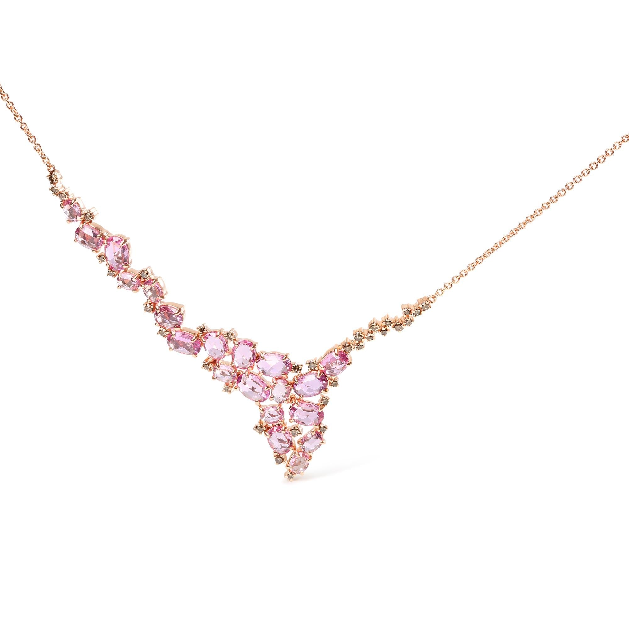 18K Rose Gold 1/2 Cttw Brown Diamond and Multi-Size Oval Pink Sapphire Cluster Cascade Statement Station Necklace (Brown Color, SI1-SI2 Clarity) - Adjustable up to 14" to 16"-0