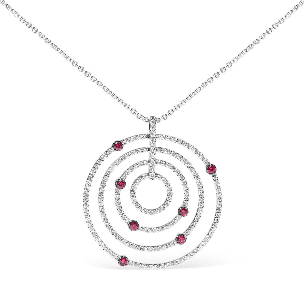 18K White Gold 2 1/6 Cttw Pave Set Diamonds and Red Ruby Openwork Circles 18" Pendant Necklace  (G-H Color, SI2-I1 Clarity) - Adjustable up to 16" - 18"-0