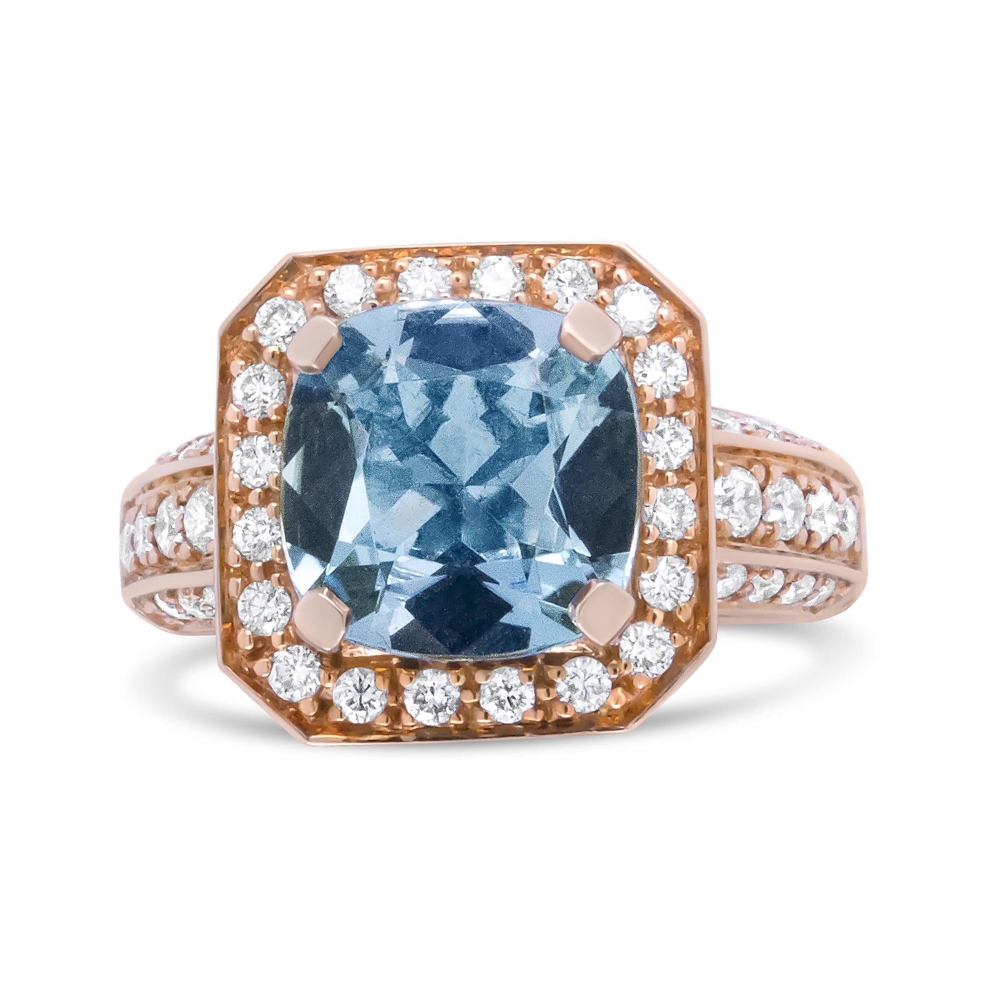 18K Rose Gold 10x10mm Cushion Shaped Aquamarine and 1 1/8 Cttw Round Diamond Halo Ring (F-G Color, VS1-VS2 Clarity)-0