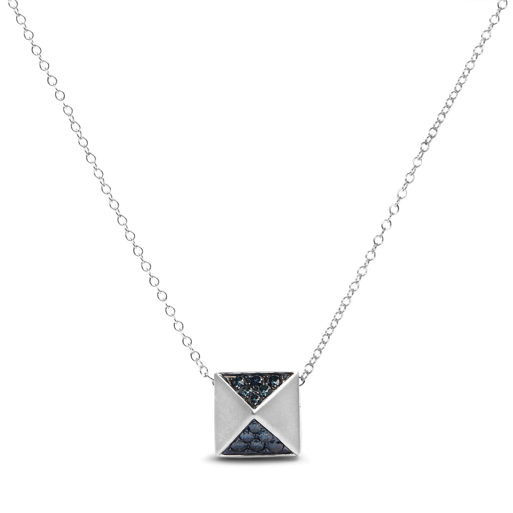 14K White Gold 1/4 Cttw Treated Blue Diamond Matte Finished Pyramid Pendant Necklace (Blue Color, SI1-SI2 Clarity) - 18" Inches-0