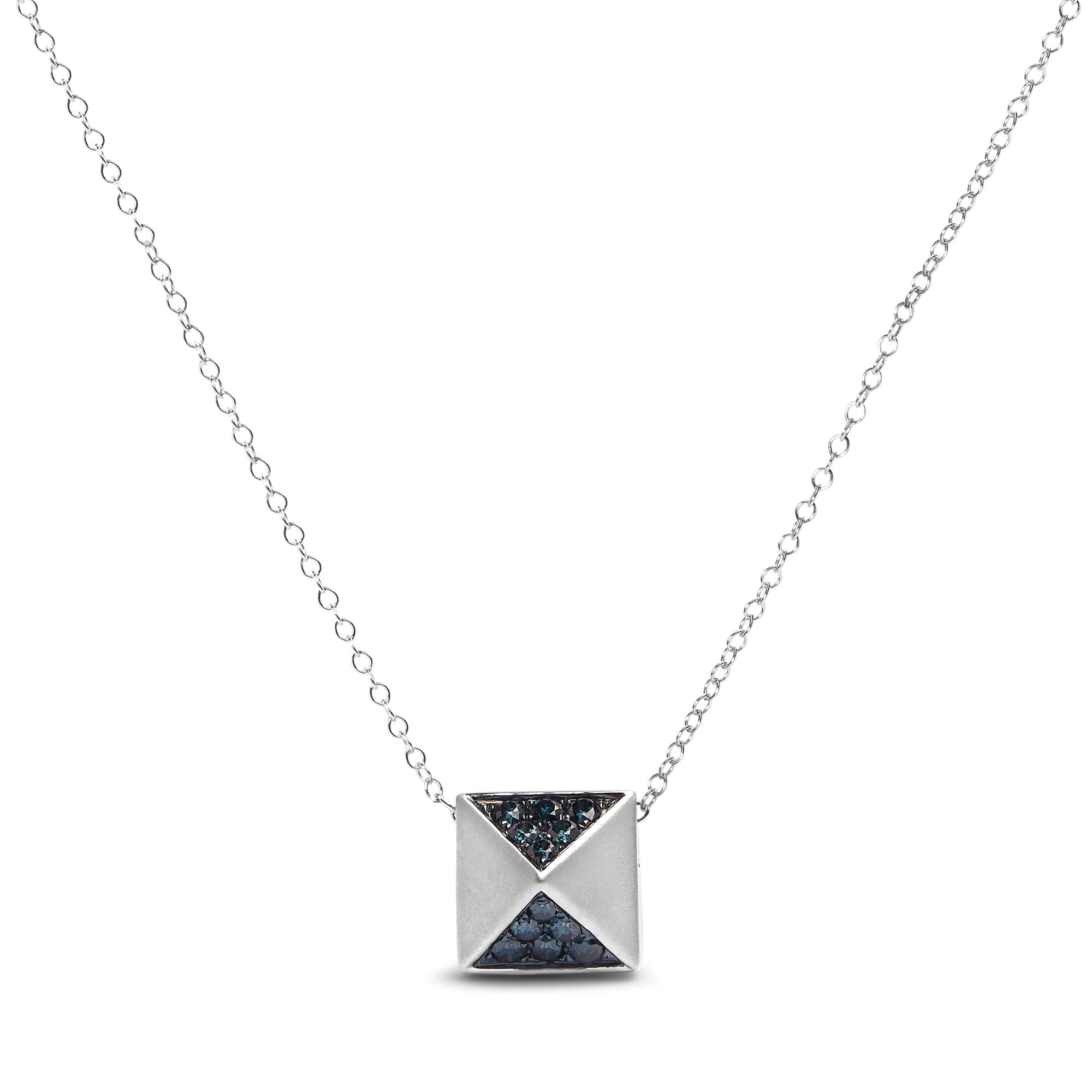 14K White Gold 1/4 Cttw Treated Blue Diamond Matte Finished Pyramid Pendant Necklace (Blue Color, SI1-SI2 Clarity) - 18" Inches-0