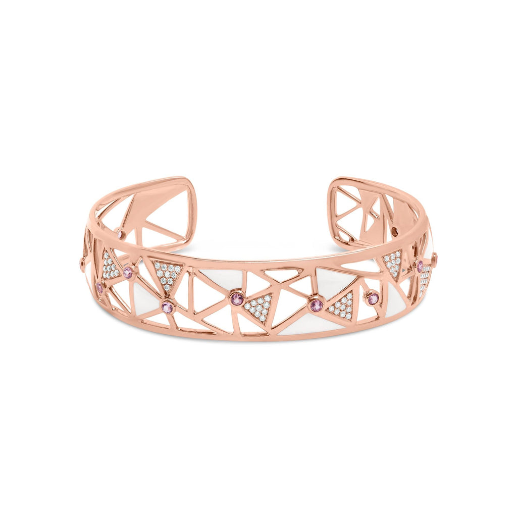14K Rose Gold 5/8 Cttw Diamond with Pink Tourmaline Open Cuff Bangle with White Enamel (G-H Color, SI1-SI2 Clarity) - 7"-0