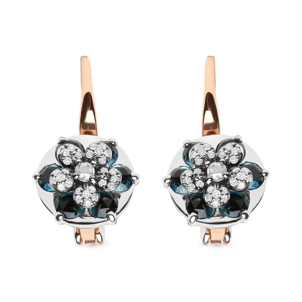 18K Rose and White Gold 1/3 Cttw Round Diamonds and Round London Blue Topaz Gemstone Cluster Floral Drop Hoop Earrings (G-H Color, SI1-SI2 Clarity)-0