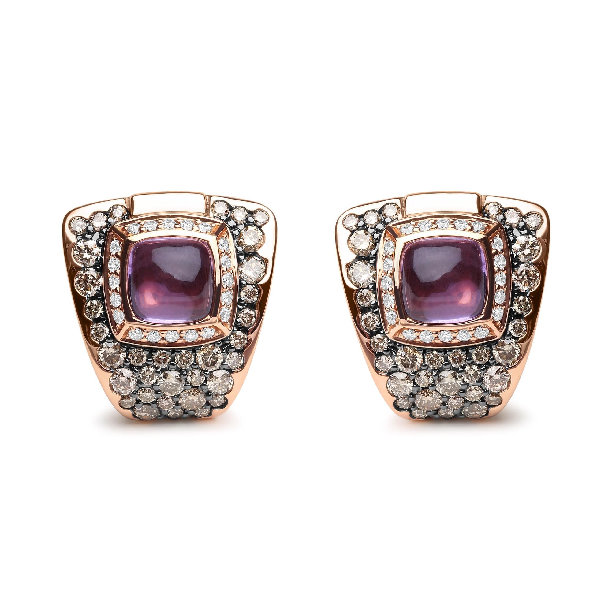 18K Rose Gold 1 1/2 Cttw Round Diamond and 7mm Cushion Cut Purple Amethyst Gemstone Geometrical Statement Stud Earrings (Brown and G-H Color, SI1-SI2 Clarity)-0