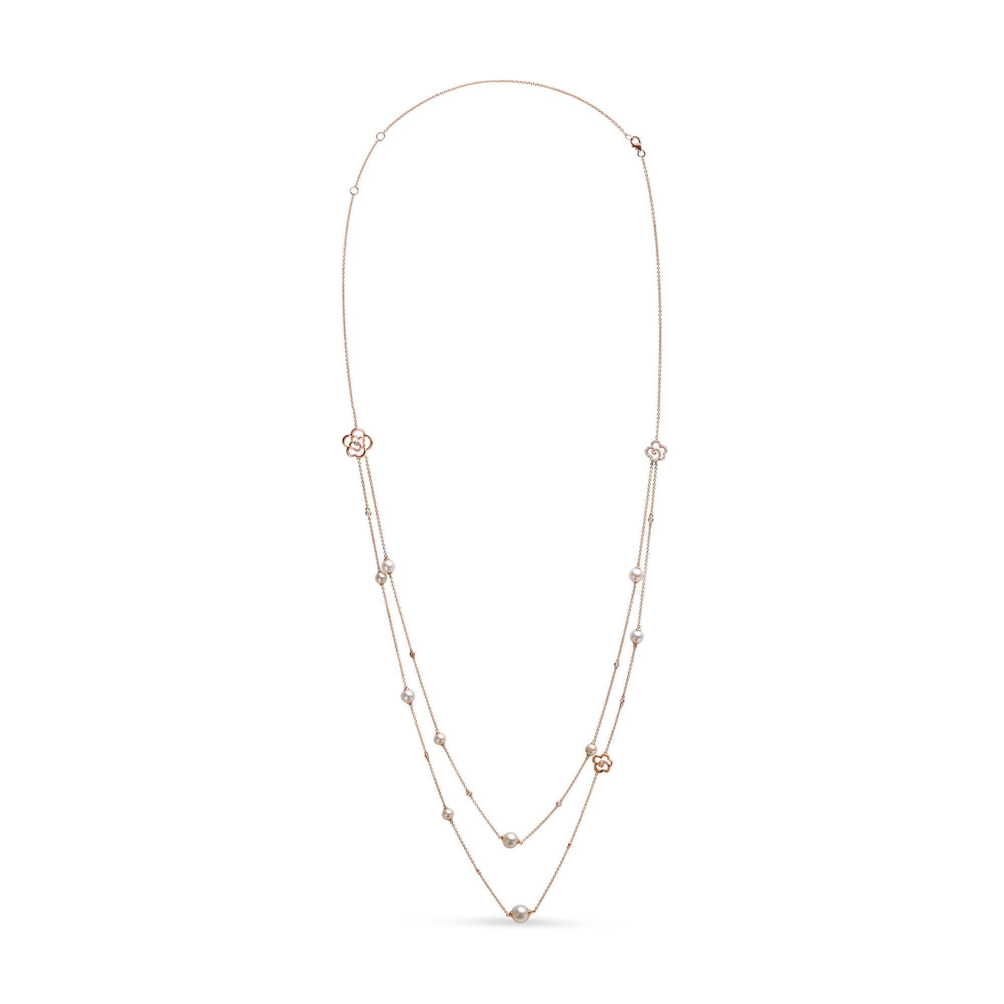 18K Rose Gold 1/2 Cttw Diamond and Freshwater Pearl Double Strand Station Necklace  (G-H Color, SI1-SI2 Clarity) - Adjustable up to 16" to 20"-0