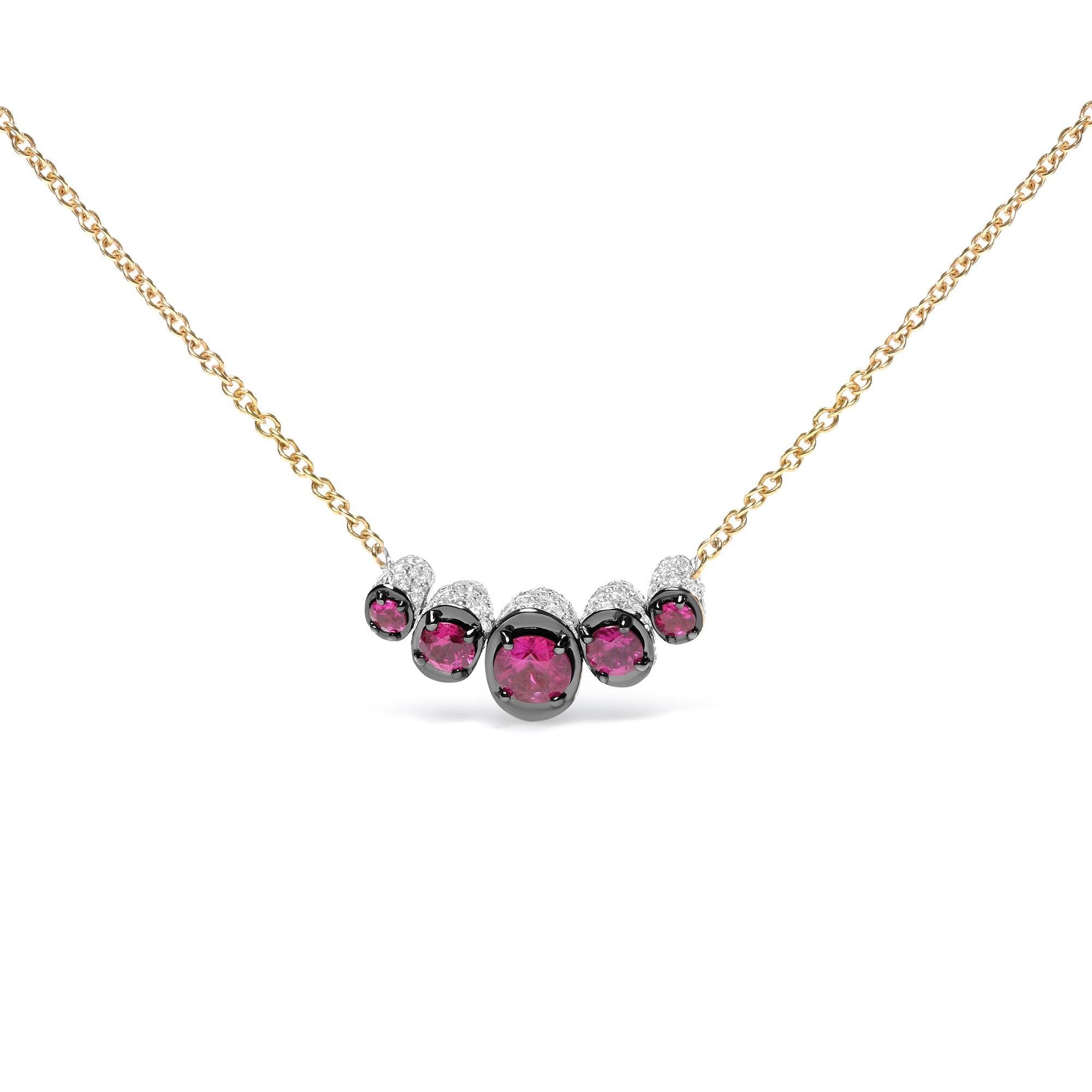 18K Rose Gold 3/4 Cttw Pave Diamonds and Graduated Red Ruby Gemstone Curved Bar Choker Necklace (G-H Color, SI1-SI2 Clarity) - Adjustable up to 14" - 16.5"-0