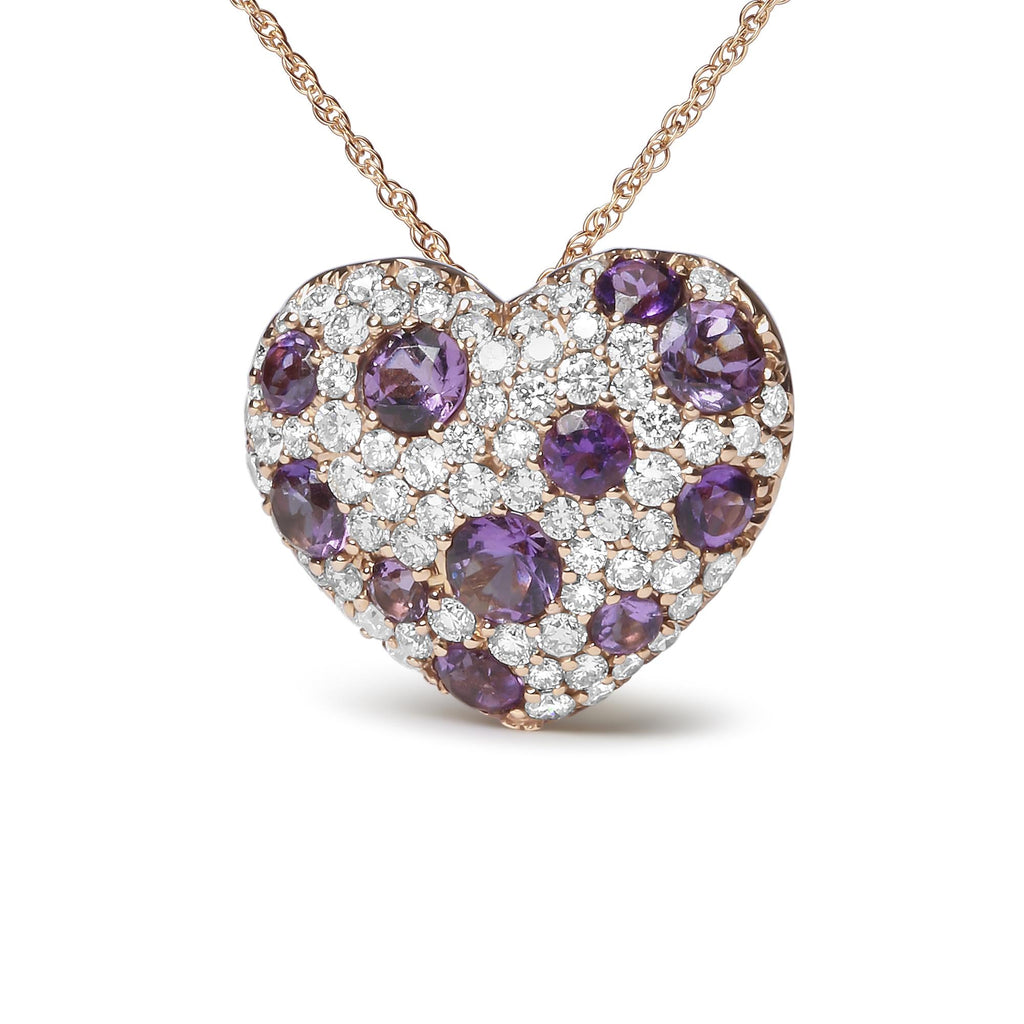 18K Rose Gold 3/4 Cttw Diamond and Purple Amethyst Cluster Heart Shape 18" Pendant Necklace (G-H Color, SI1-SI2 Clarity)-0