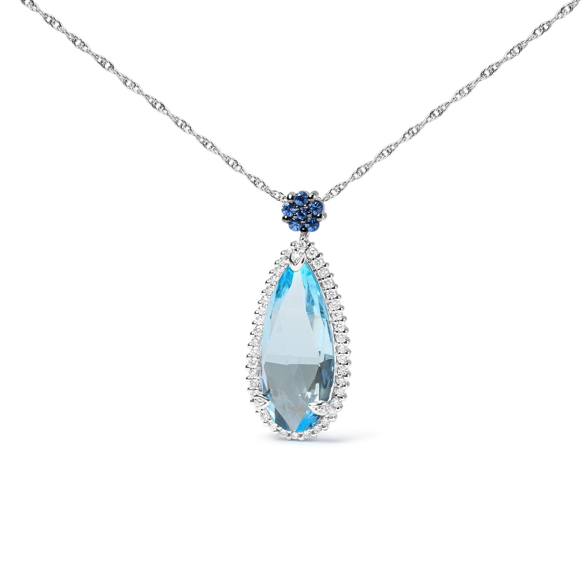 18K White Gold 3/8 Cttw Pave Set Diamond and Sky Blue Topaz and Blue Sapphire Gemstone Floral Teardrop Halo 18" Pendant Necklace (G-H Color, SI2-I1 Clarity)-0
