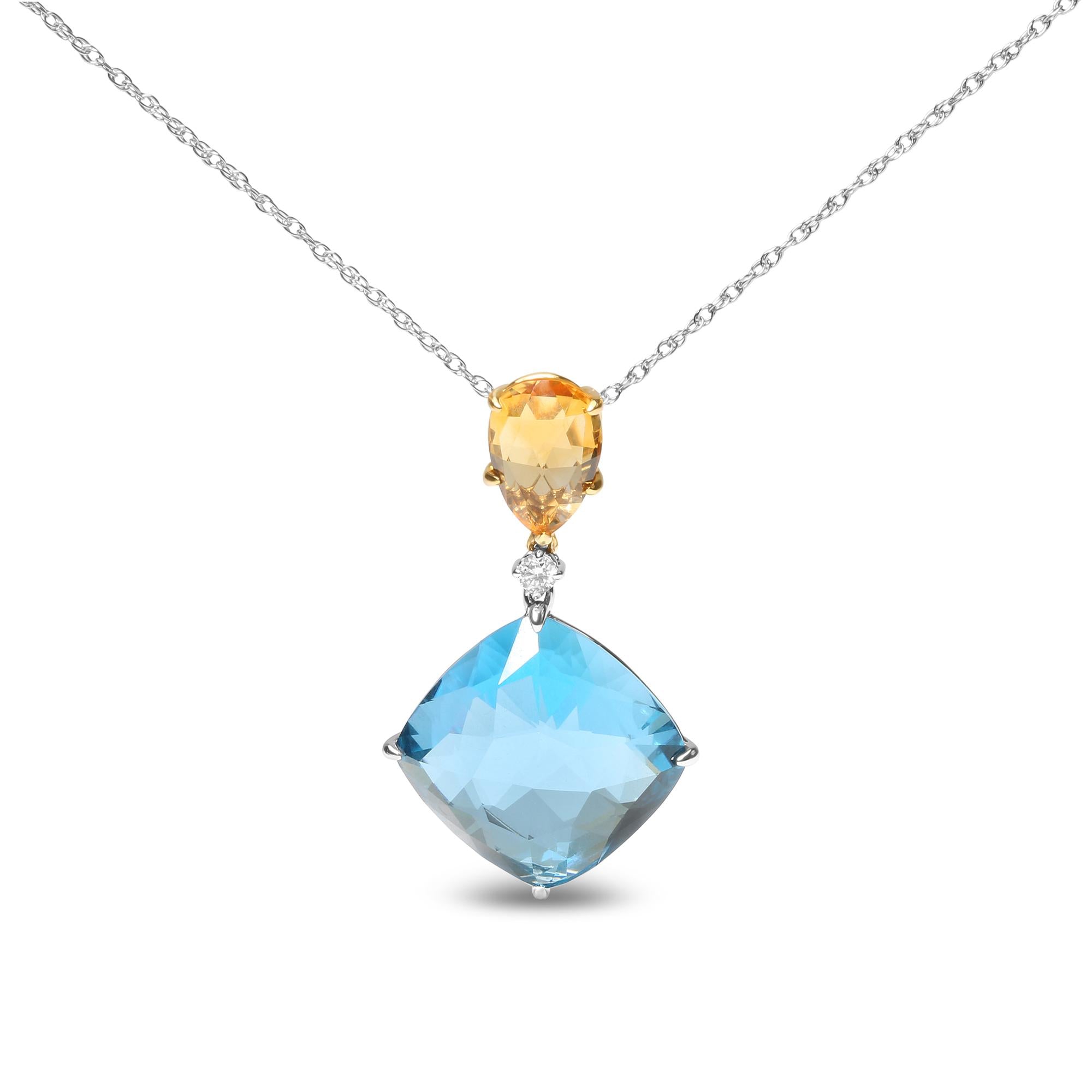 18K White and Yellow Gold Diamond Accent and Yellow Citrine and Sky Blue Topaz Gemstone Dangle Drop 18" Pendant Necklace (G-H Color, SI1-SI2 Clarity)-0