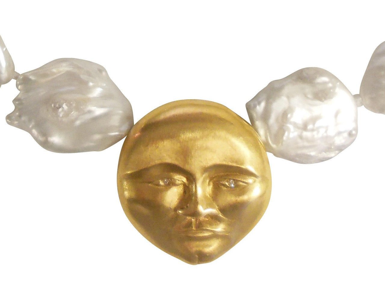 18K Gold Face, Diamond Eyes, Huge coin pearl necklace.  Someone to Watch Over Me-Sun/ Moon Collection