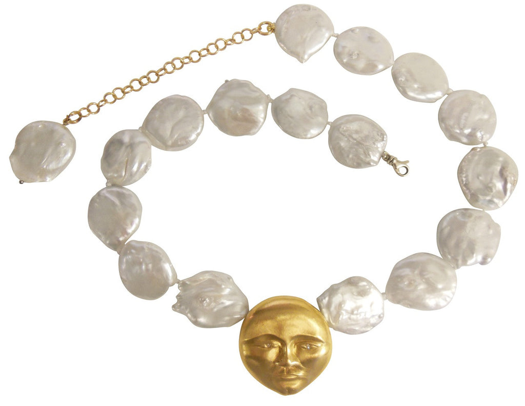 18K Gold Face, Diamond Eyes, Huge coin pearl necklace.  Someone to Watch Over Me-Sun/ Moon Collection