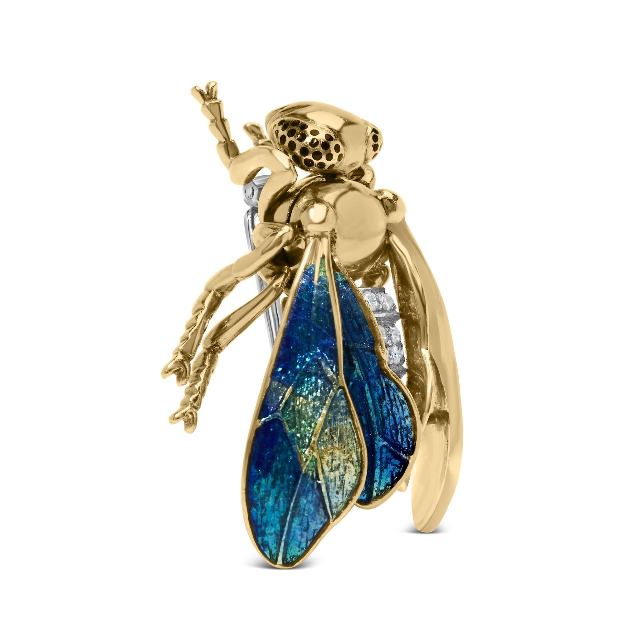 18K Yellow Gold 1/2 Cttw Pave Set Diamond and Blue-Green Enamel Bumblebee Brooch Pin (F-G Color, VS1-VS2 Clarity)-1